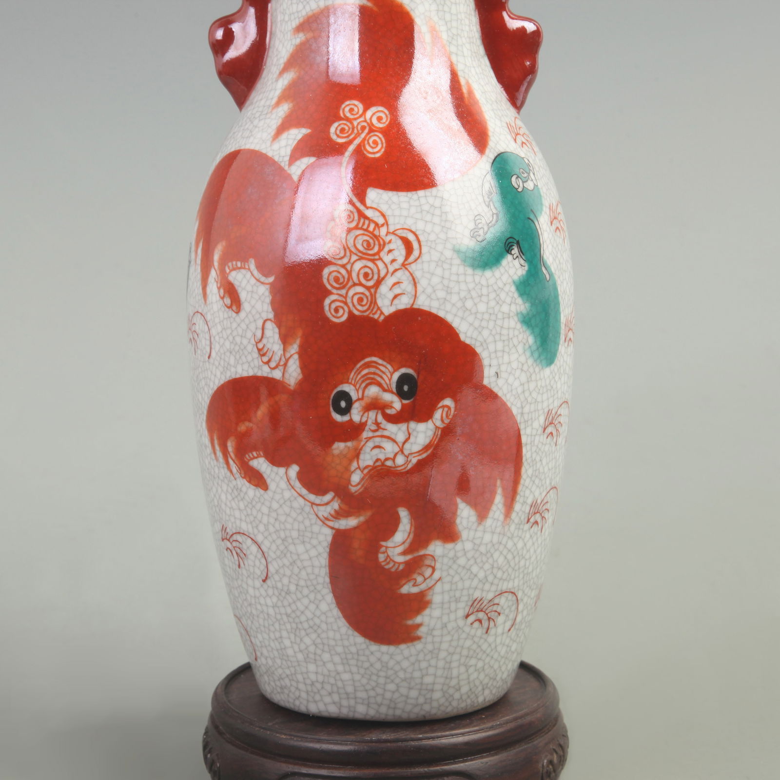 GE WARE LION PATTERN DOUBLE-EARED PORCELAIN VASE - 3