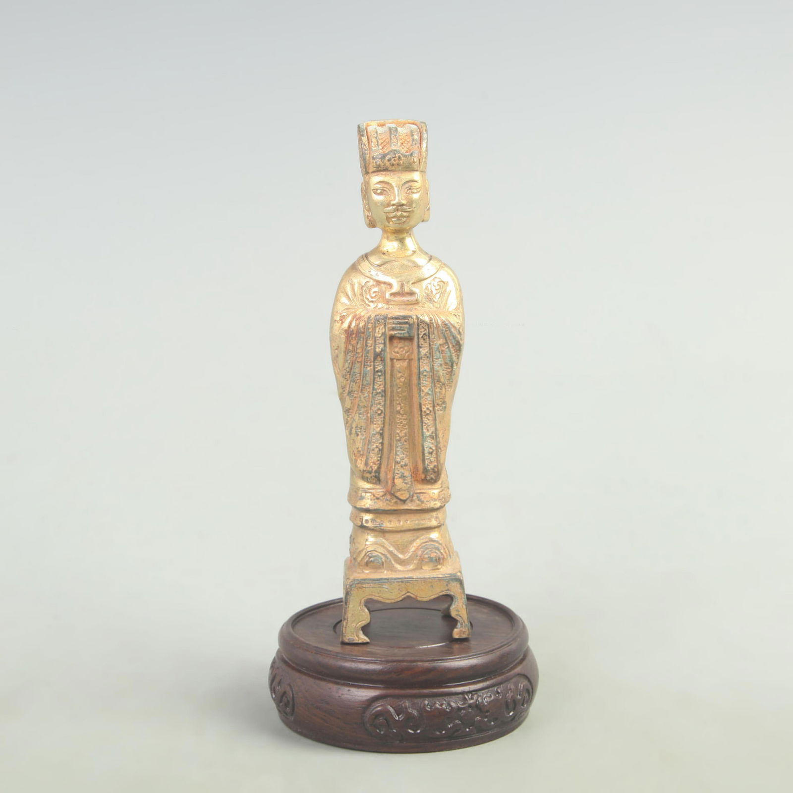 RARE GILT BRONZE HUMAN FIGURE STATUE: Tang Dynasty Style; High: 5.9 inch; High: 1 inch; Long: 1.4 inch;