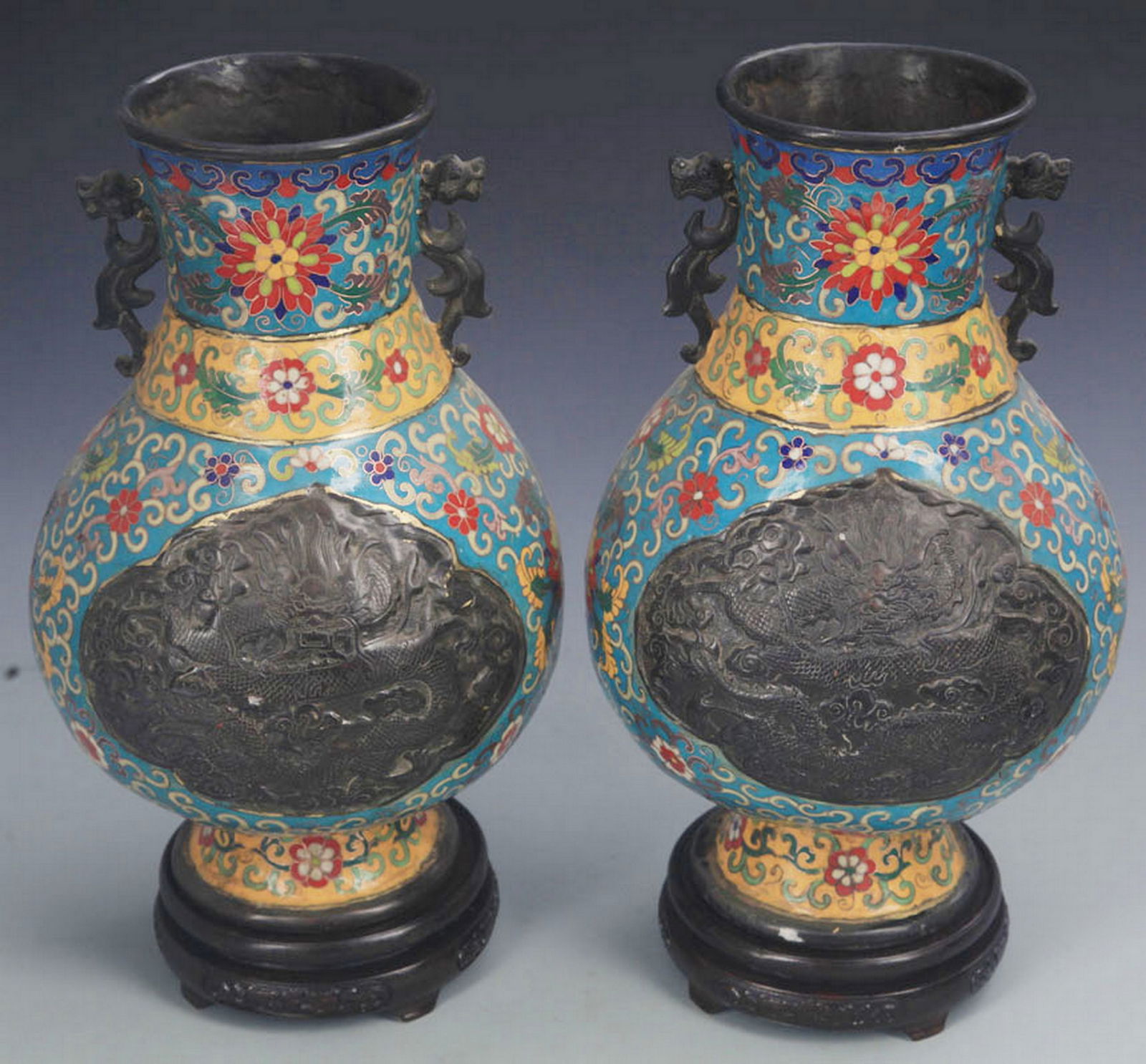 RARE PAIR OF CLOISONNE ENAMEL BRONZE VASE: Ming Dynasty Style; High: 12.25 inch; Diameter: 4.0 inch;