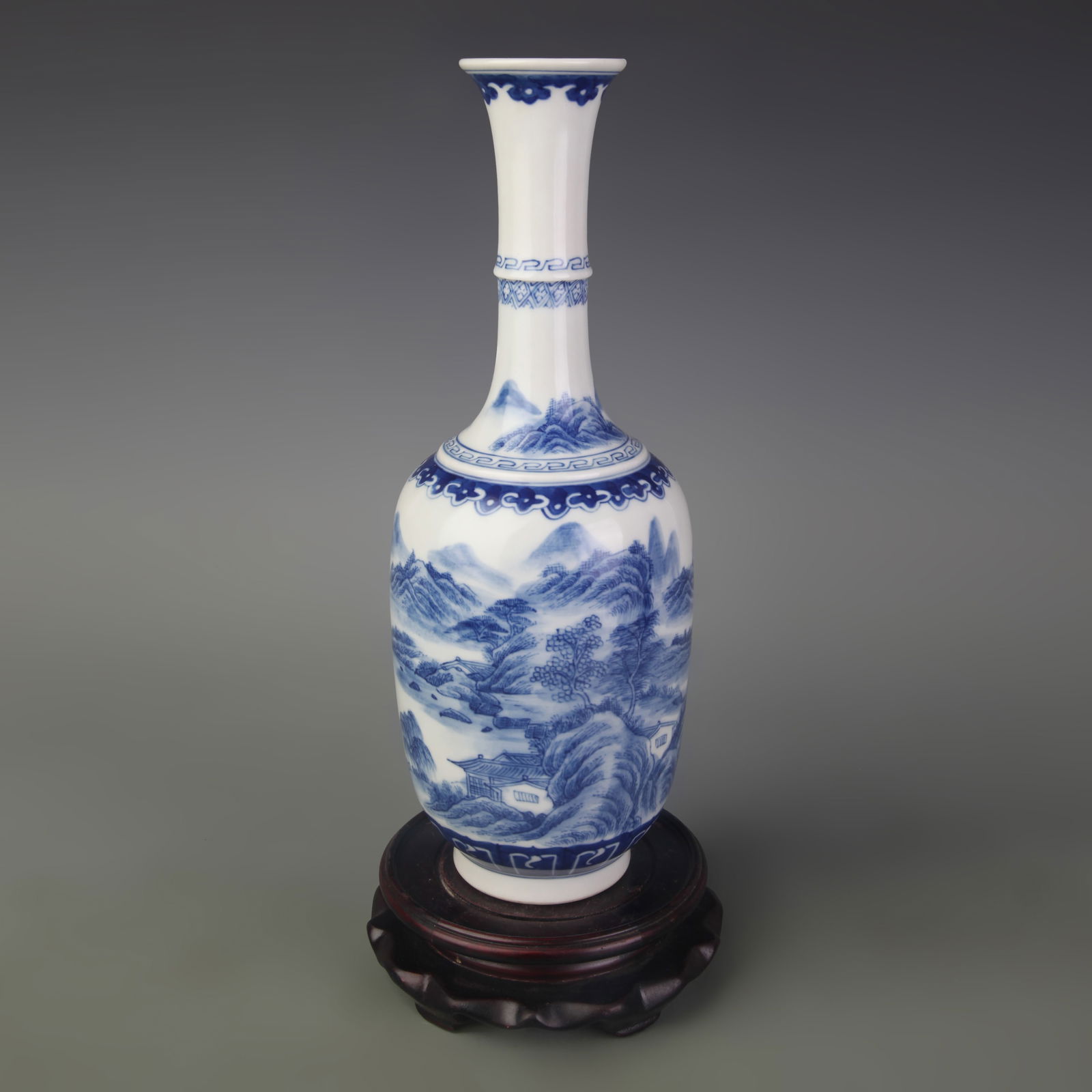 BLUE AND WHITE LANDSCAPING PATTERN LONG NECK PORCELAIN VASE (1 of 5)