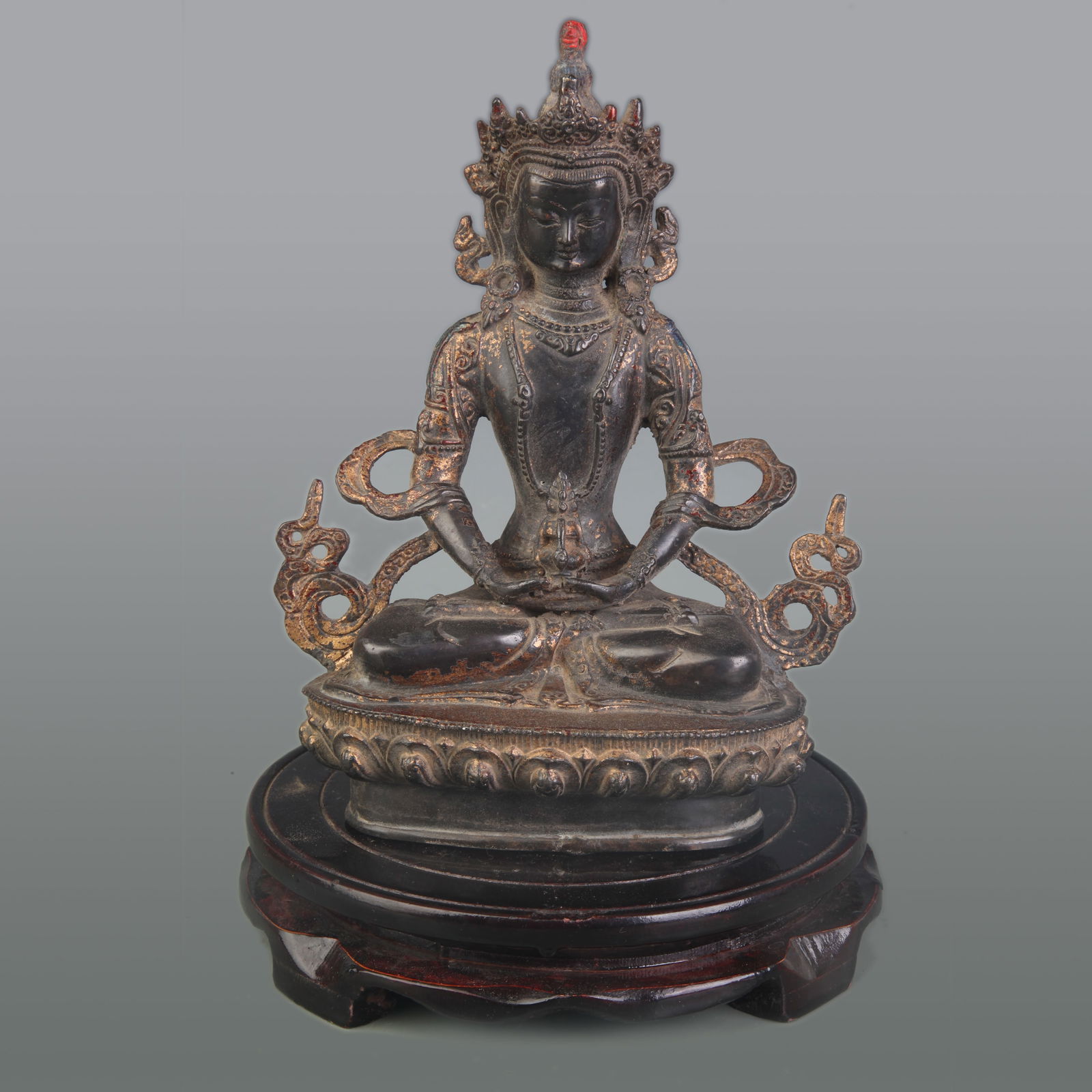 A FINE BRONZE LONGEVITY BUDDHA STATUE: Qing Dynasty; Width: 5.2 inch; High: 8.3 inch