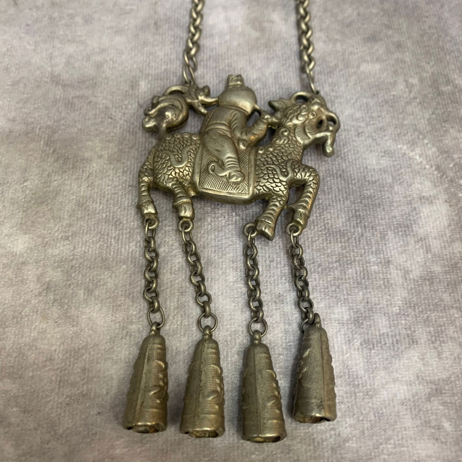 A FINE WHITE BRONZE OLD CHINESE NECKLACE: Modern; High: 14.0 inch;