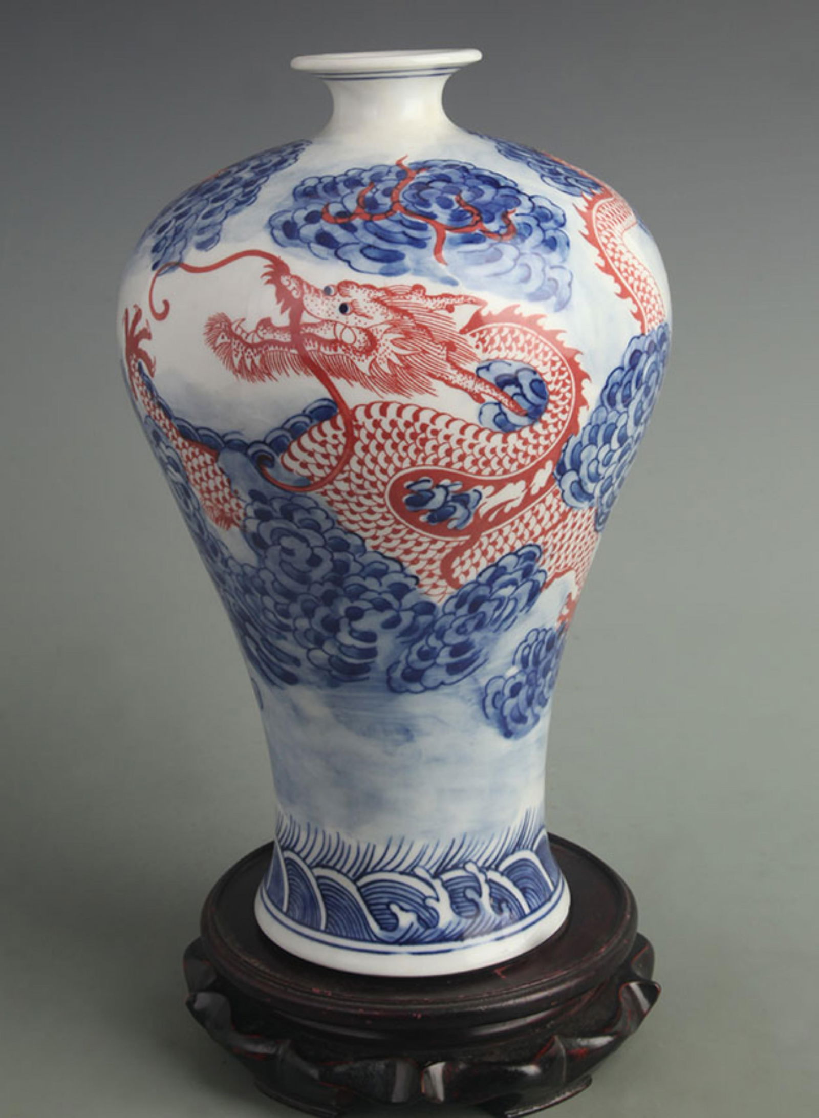 BLUE-AND-WHITE UNDERGLAZE RED DRAGON PATTERN MEIPING VASE: Qing Dynasty Yong Zheng Period; High: 11.5 inch; Width: 7.00 inch;