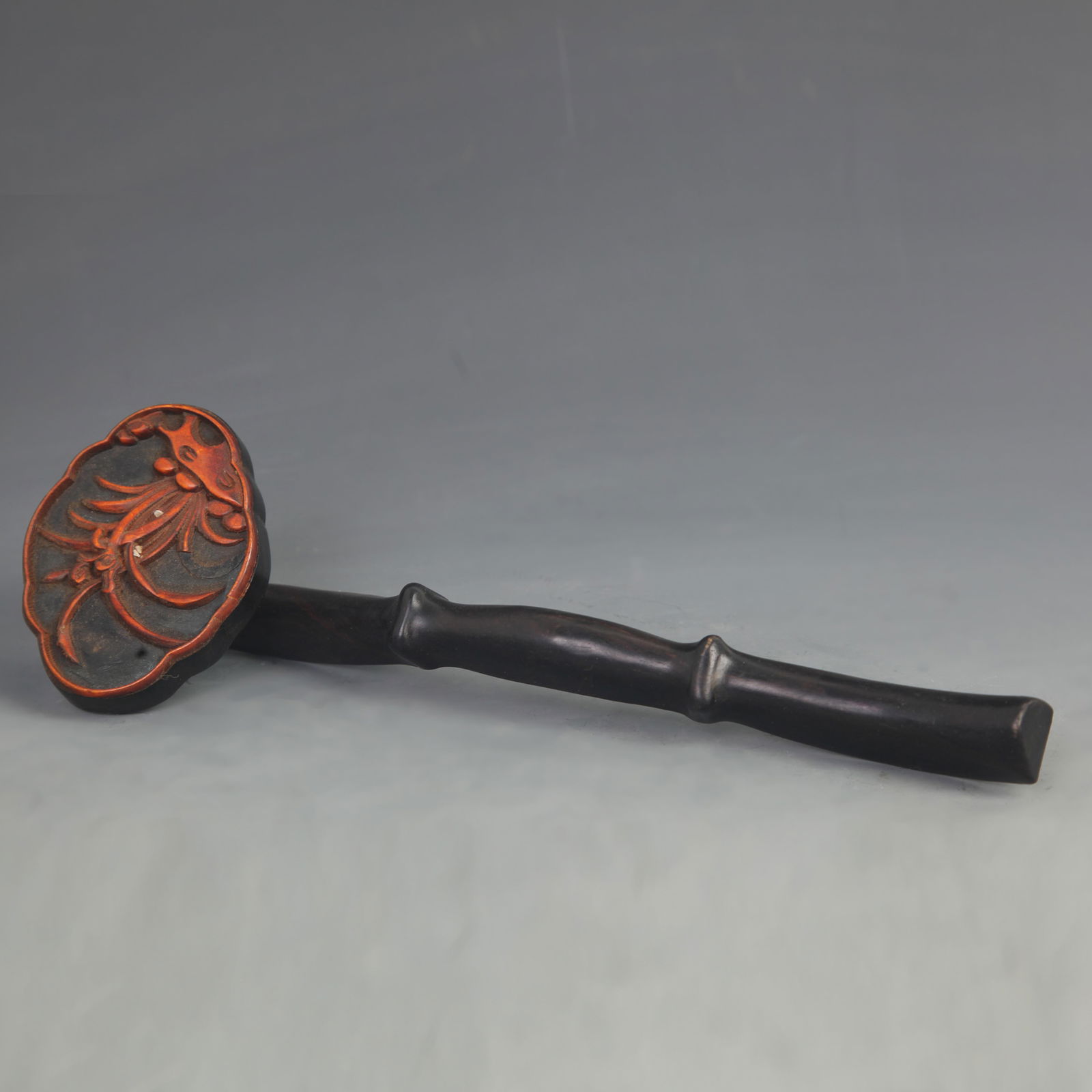 SANDALWOOD RUYI SCEPTER INLAID WITH CHERRY WOOD ORCHID DESIGN: 20th Century; Long: 10.0 inch; Width: 3.25 inch;