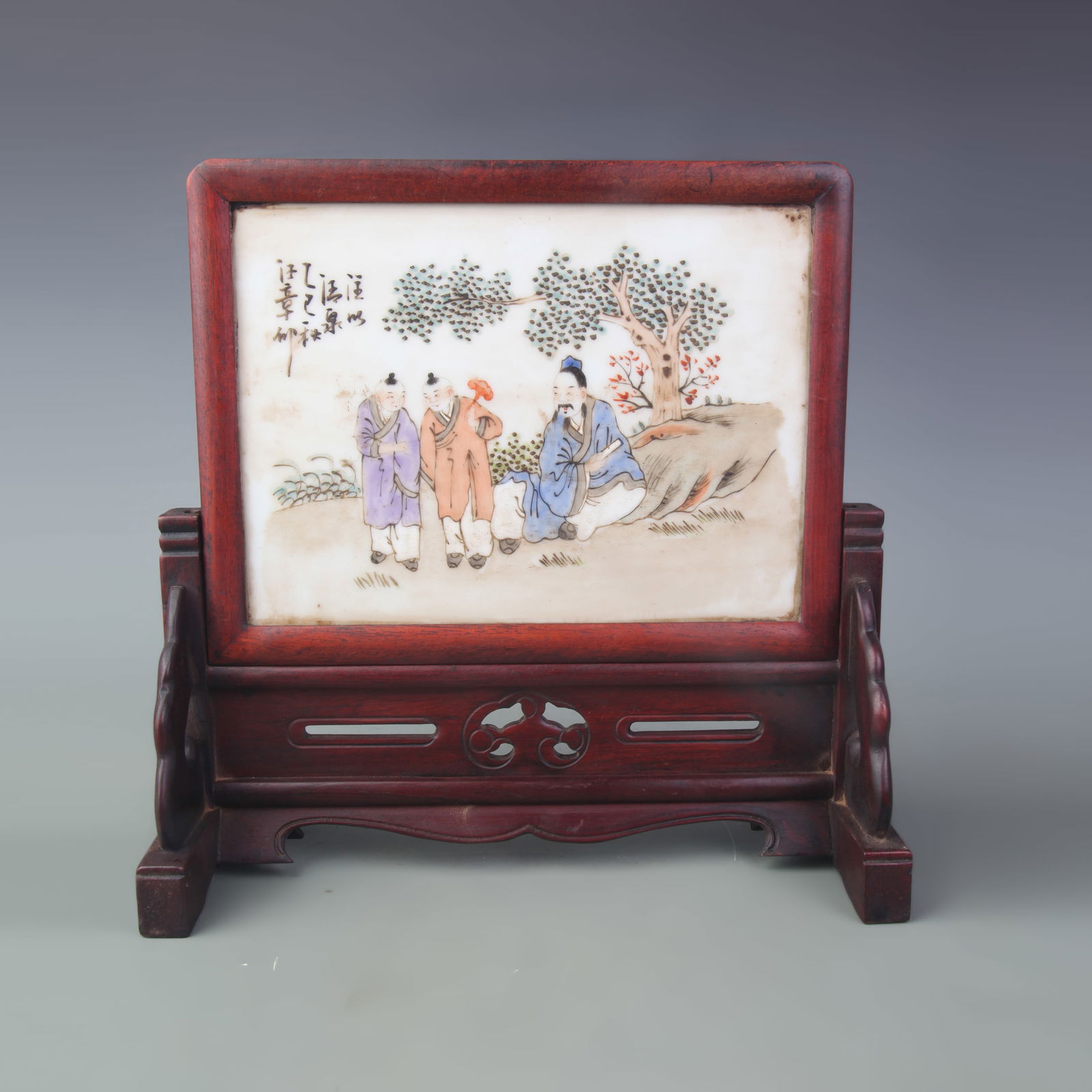 HUALI WOOD TABLE SCREEN INLAID MARBLE FIGURAL: Qing Dynasty; Width: 9.9 inch; High: 9.6 inch