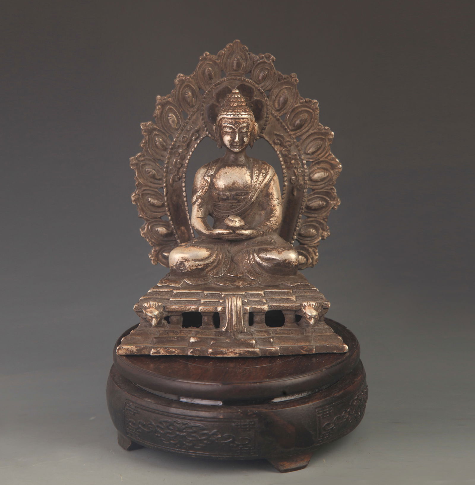 RARE SILVER PLATED BRONZE TATHAGATA STATUE: 18th Century; High: 6.25 inch; High: 5.0 inch;