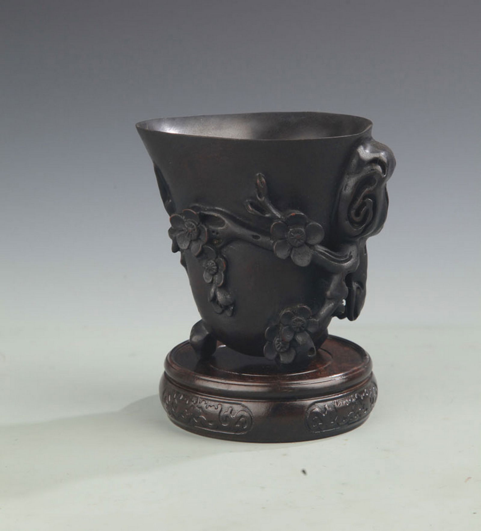 RARE ROSEWOOD PLUM BLOSSOM FLOWER CARVING CUP: Qing Dynasty; High: 4.25 inch; Width: 4.5 inch;