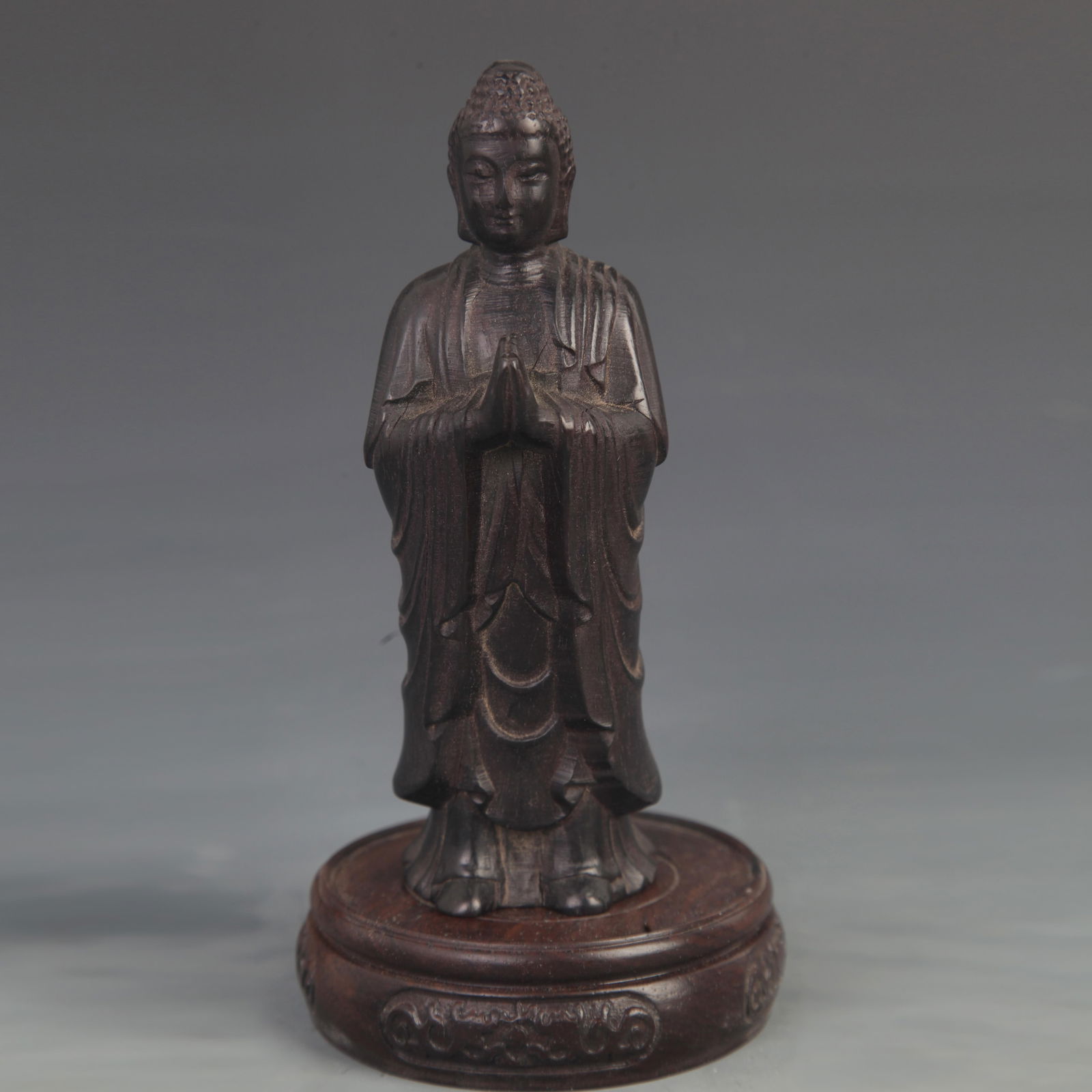 SMALL-LEAF SANDALWOOD CARVED SHAKYAMUNI BUDDHA FIGURE: 20th Century; High: 6.5 inch; Width: 2.25 inch;