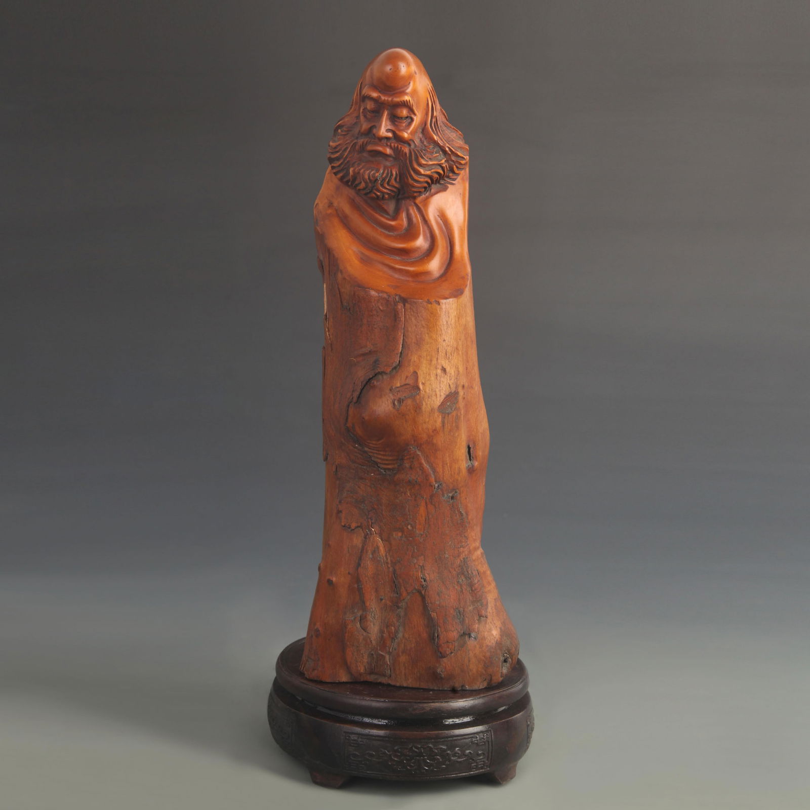 FINE BOXWOOD CARVING STATUE OF BODHIDHARMA: 20th Century; High: 13.0 inch; Width: 3.25 inch