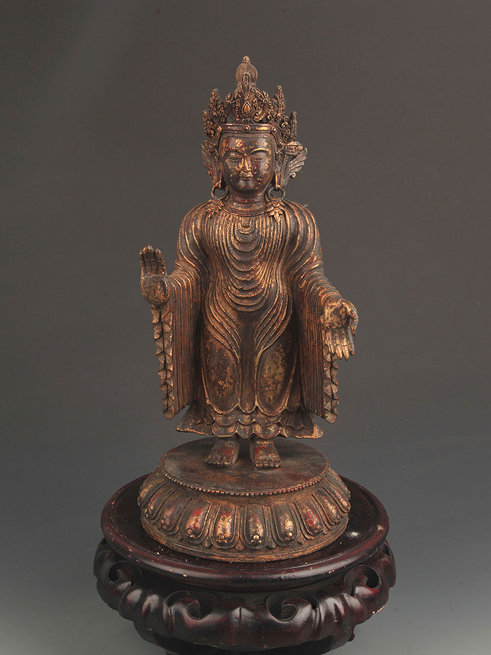 RARE FINE BRONZE SHAKYAMUNI BUDDHA STATUE: Qing Dynasty; High: 13.5 inch; Width: 5.25 inch;