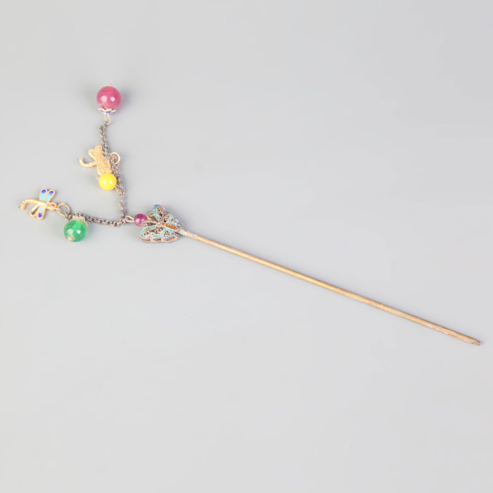 A FINE CLOISONNE ENAMEL BUTTERFLY FIGURE HAIRPIN: Modern; Long: 9.7 inch; High: 0.8 inch;