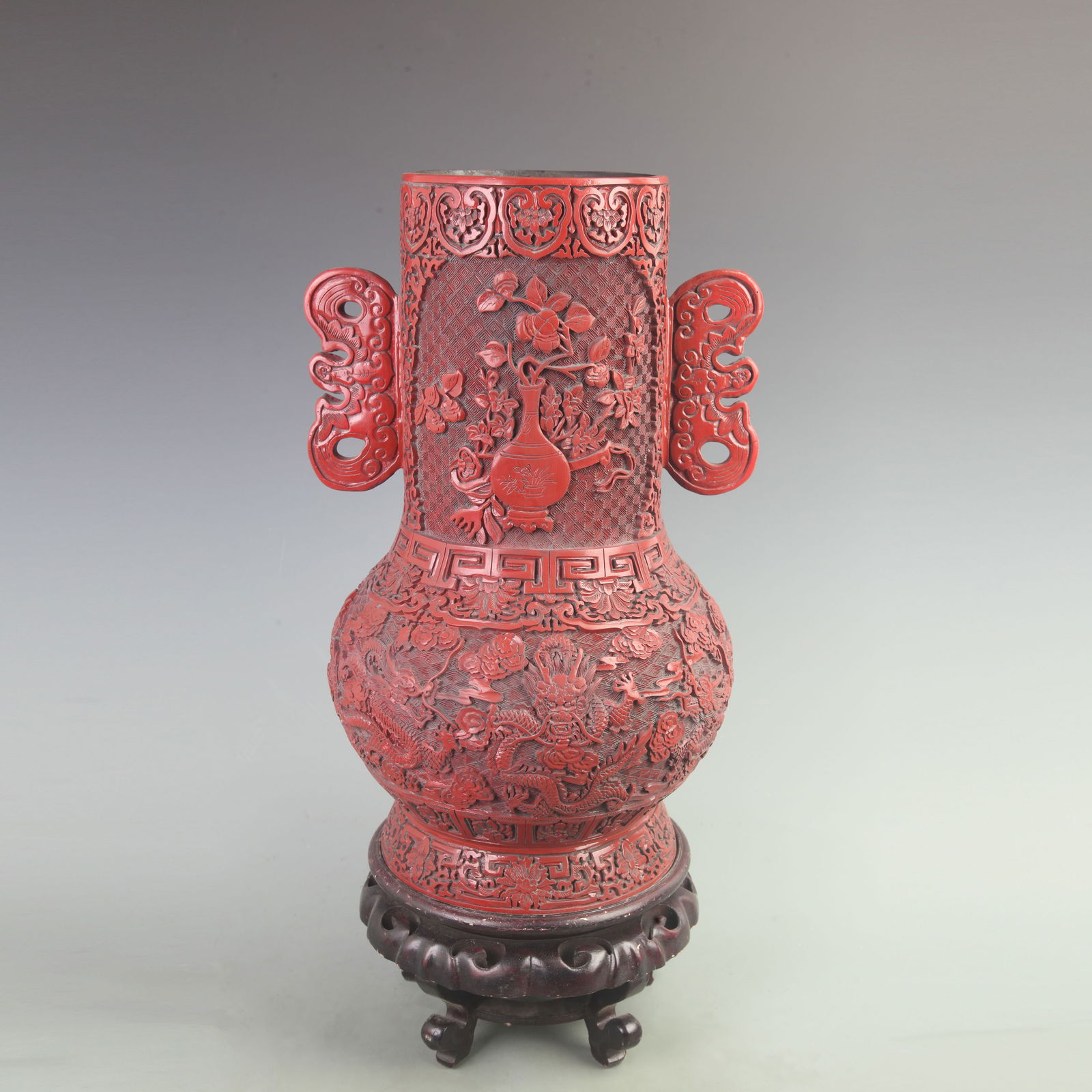 RARE RED CARVED LACQUER MADE DRAGON CARVING VASE: Qing Dynasty; High: 17.8 inch; Width: 10 inch; Long: 10 inch;