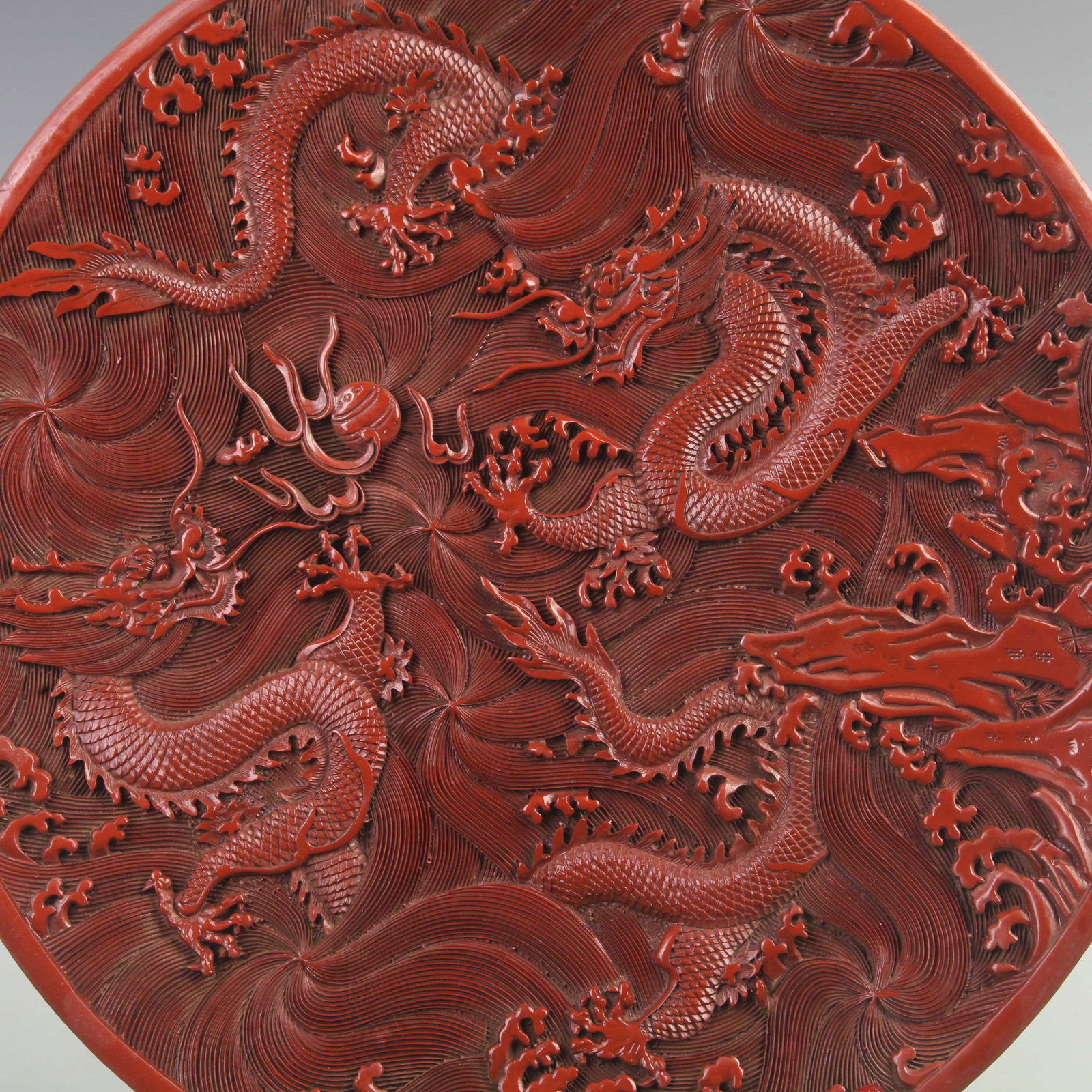RARE FINE RED CARVED LACQUER DRAGON PATTERN PLATE - 2
