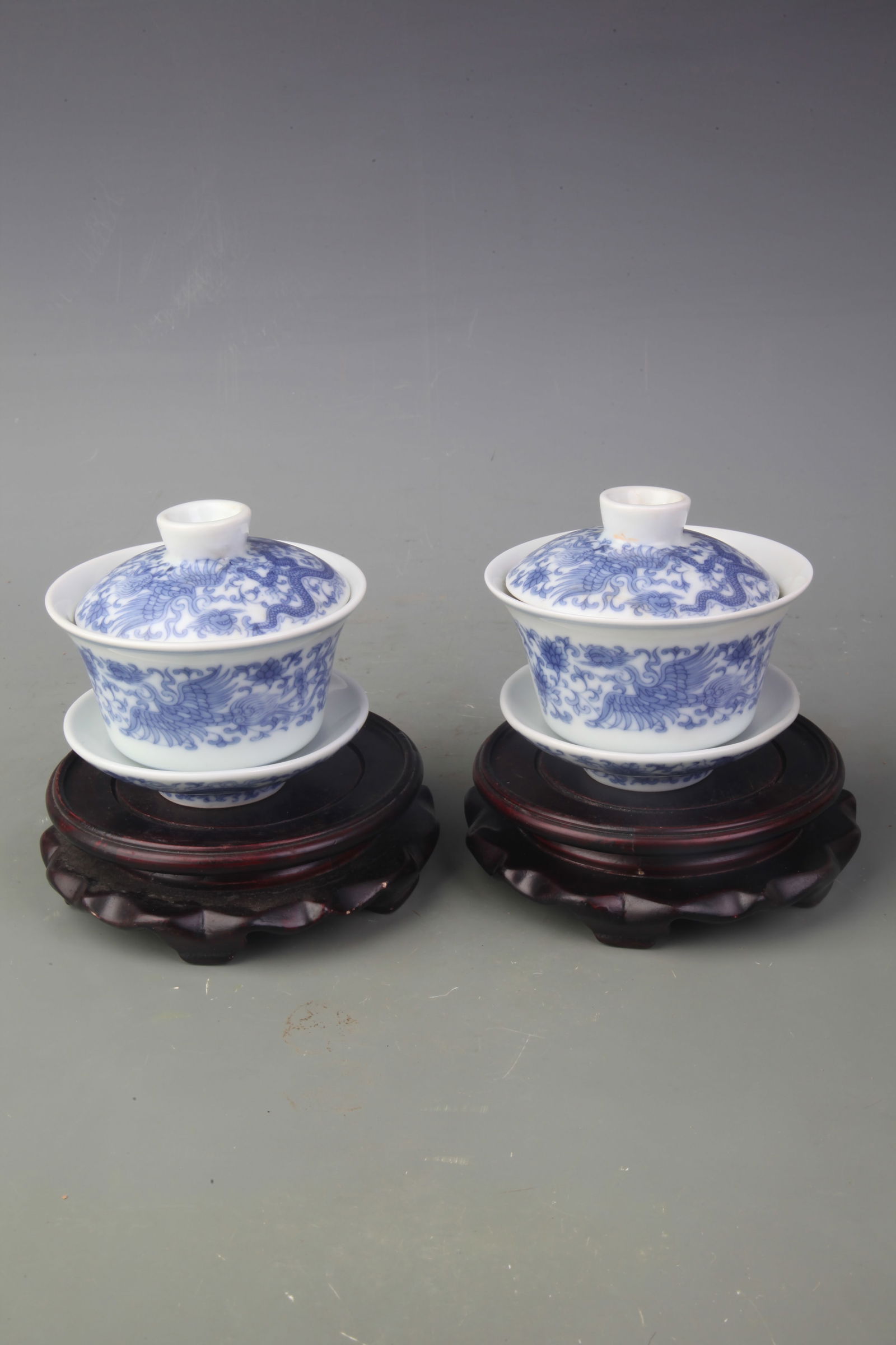 PAIR OF BLUE-AND-WHITE DRAGON-AND-PHOENIX COVERED TEA CUPS: Ming Dynasty Style???; Diameter: 3.9 inch; High: 3.4 inch