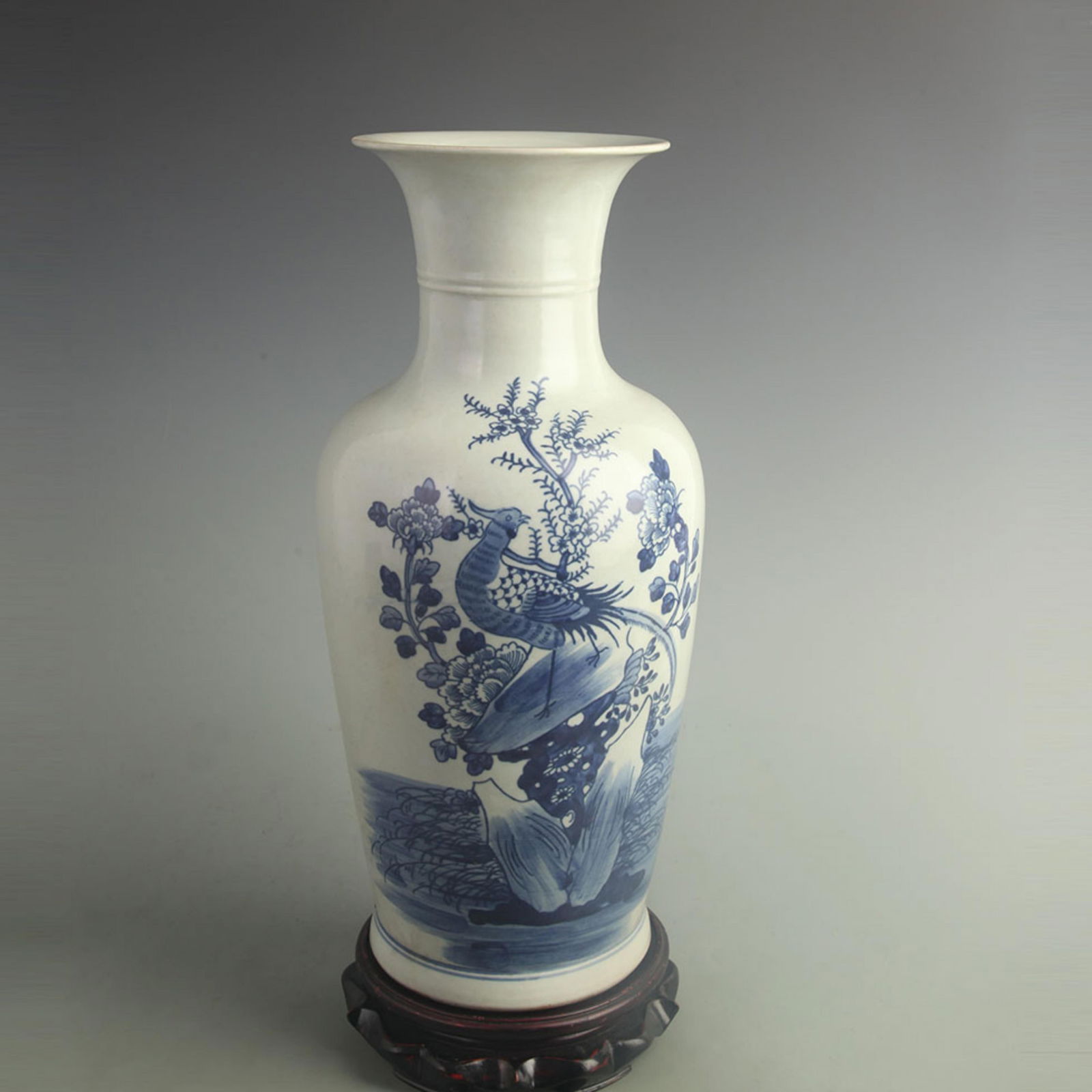 BLUE-AND-WHITE BIRD-AND-FLOWER CYLINDRICAL PORCELAIN VASE: Qing Dynasty; High: 16.3 inch;Width: 7.50 inch;