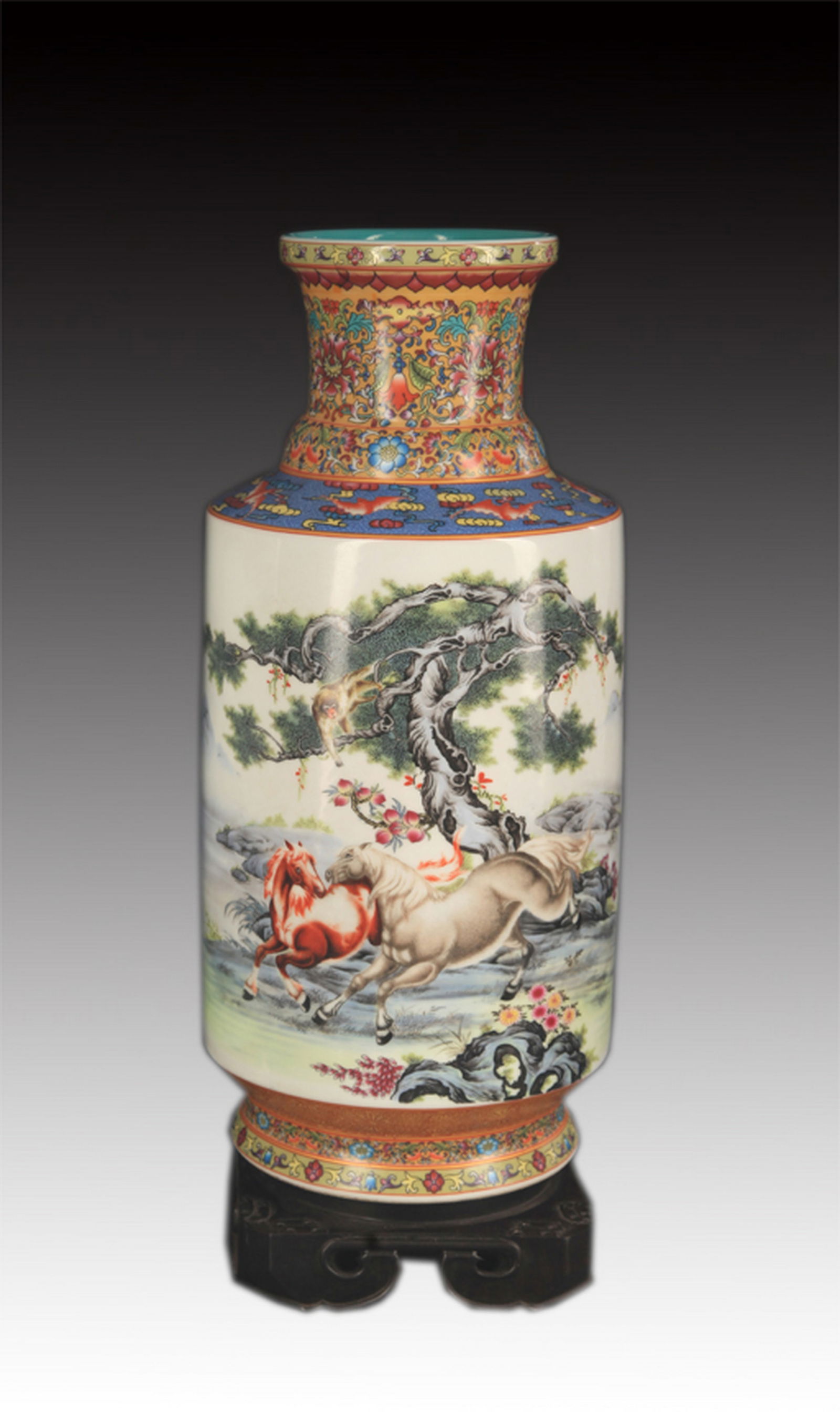 FAMILLE ROSE MONKEY AND HORSE PATTERN PORCELAIN VASE: Qing Dynasty Qian Long Period; High: 16.25 inch Diameter: 4.75 inch