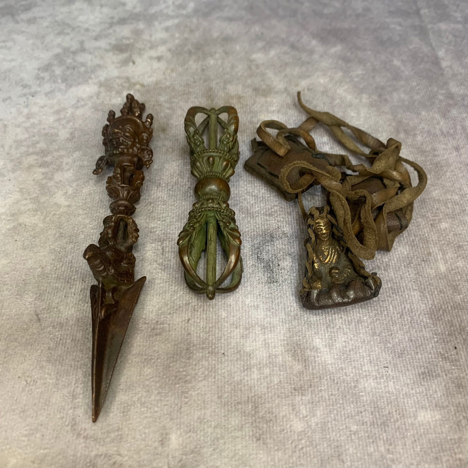 TIBETAN BUDDHIST BRONZE RITUAL IMPLEMENTS: 20th Century; High: 5.7 inch; High: 3.6 inch; High: 1.5 inch;