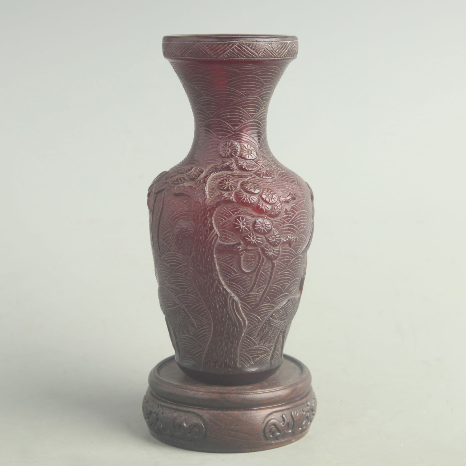 PURPLE GLASS “LONGEVITY WITH PINE AND CRANE?? VASE: Qing Dynasty; High: 5.80 inch; Diameter: 1.70 inch