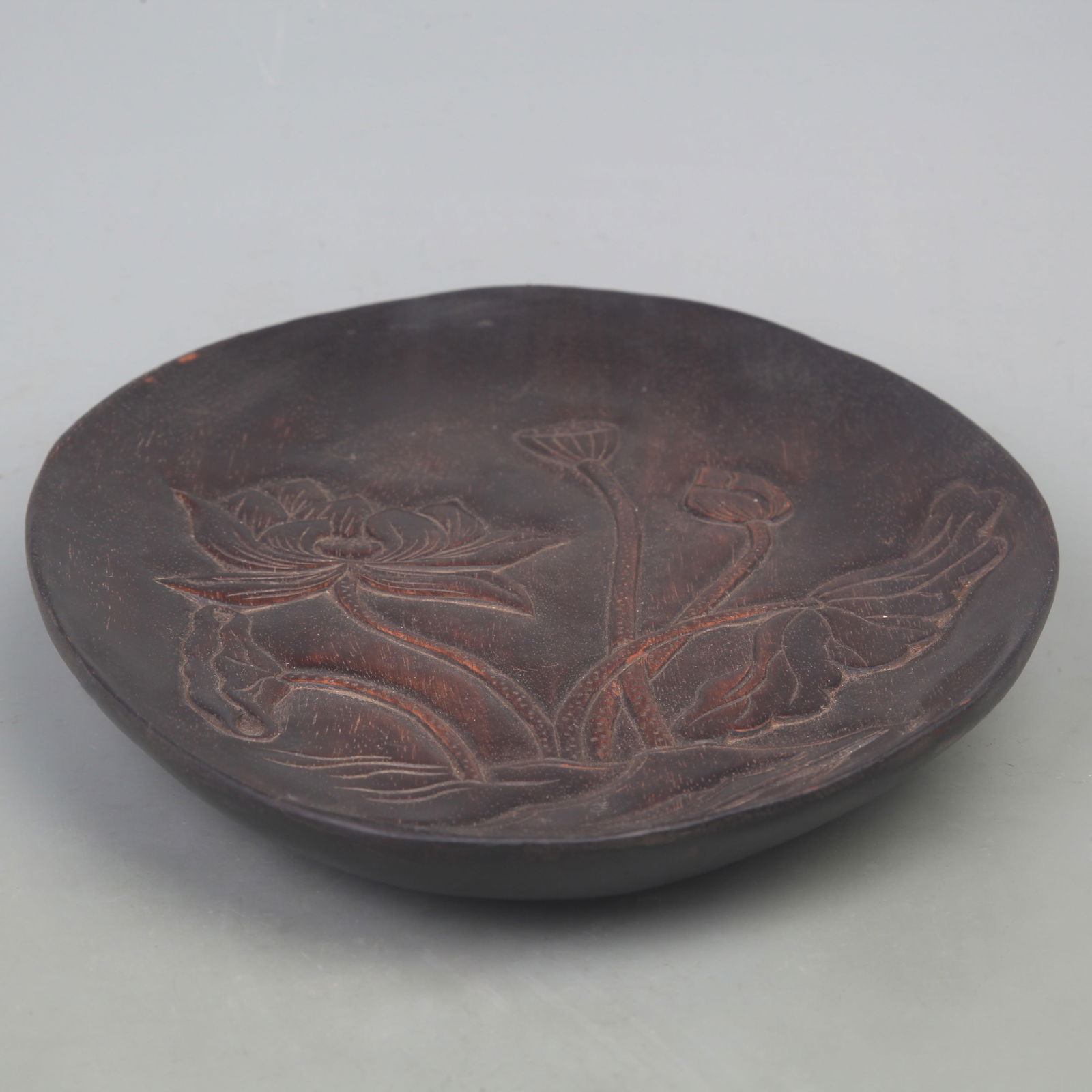 OLD ROSEWOOD CARVED LOTUS FLOWER PATTERN WOODEN PLATE: Qing Dynasty; Long: 11.4 inch; Width: 8.3 inch;