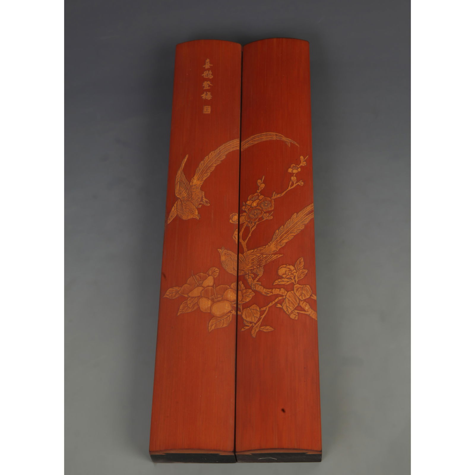 PAIR OF EBONY WOOD PAPERWEIGHTS WITH BAMBOO INLAY “MAGPIES ON PLUM BLOSSOMS?? DESIGN: 20th Century; Long: 11.75 inch; Width: 1.90 inch