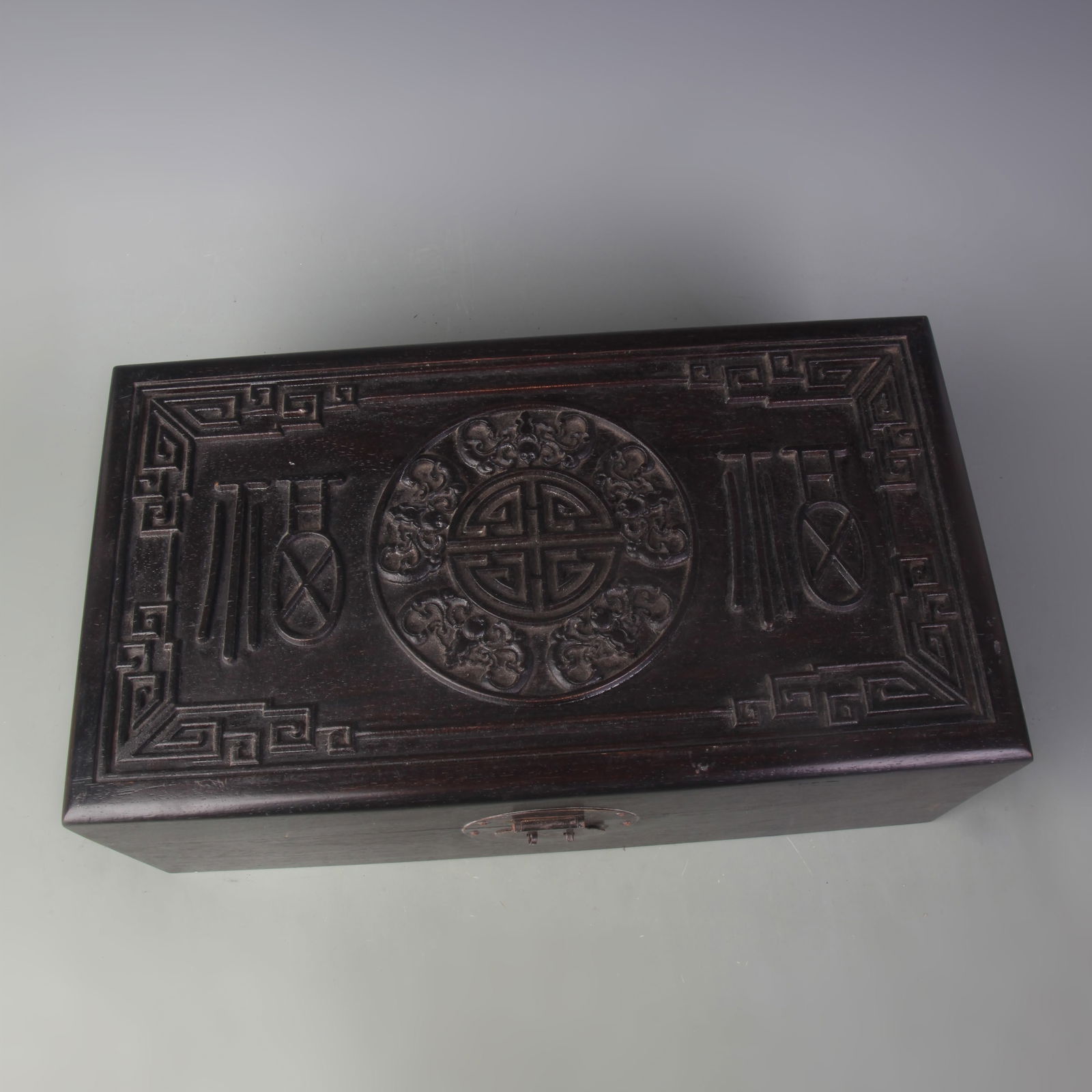 SANDALWOOD CARVED FU AND SHOU PATTERN WOODEN BOX: Qing Dynasty; Long; 14.0 inch; Width: 1.8 inch; High: 5.1 inch