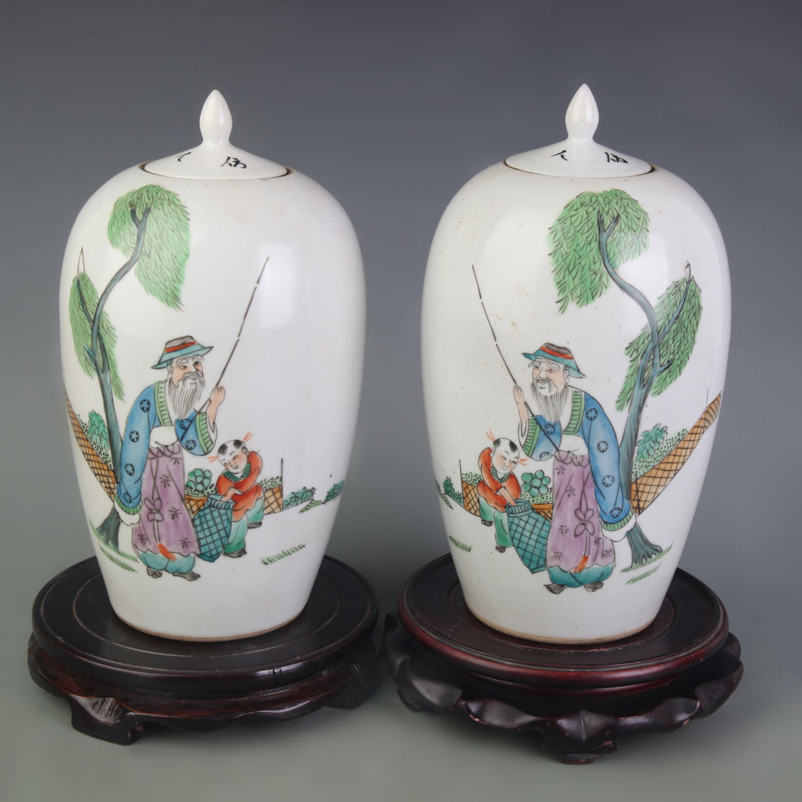 PAIR OF FAMILLE-ROSE FIGURAL WINTER MELON JARS: Republic China Period; Diameter: 2.2 inch; High: 9.9 inch