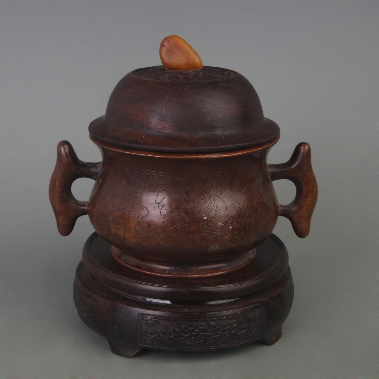 RARE CHARACTER PATTERN FISH EAR BRONZE INCENSE BURNER WITH REDWOOD LID: Qing Dynasty; Diameter: 6.0 inch; High: 6.0 inch;