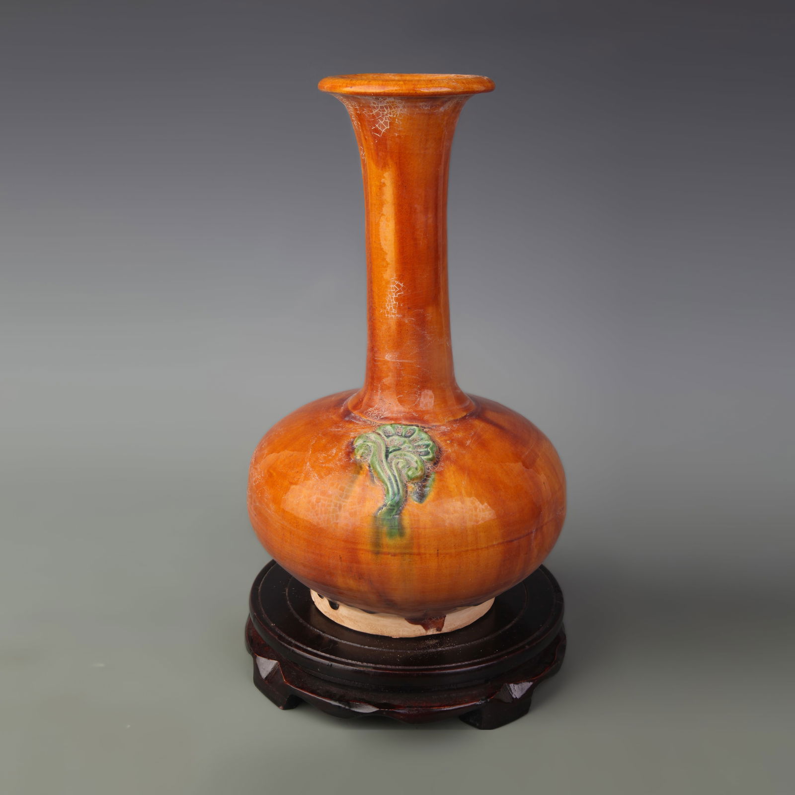 SANCAI WITH FLOWER PATTERN POTTERY LONG-NECK VASE: Tang Dynasty Style; High: 10.6 inch;