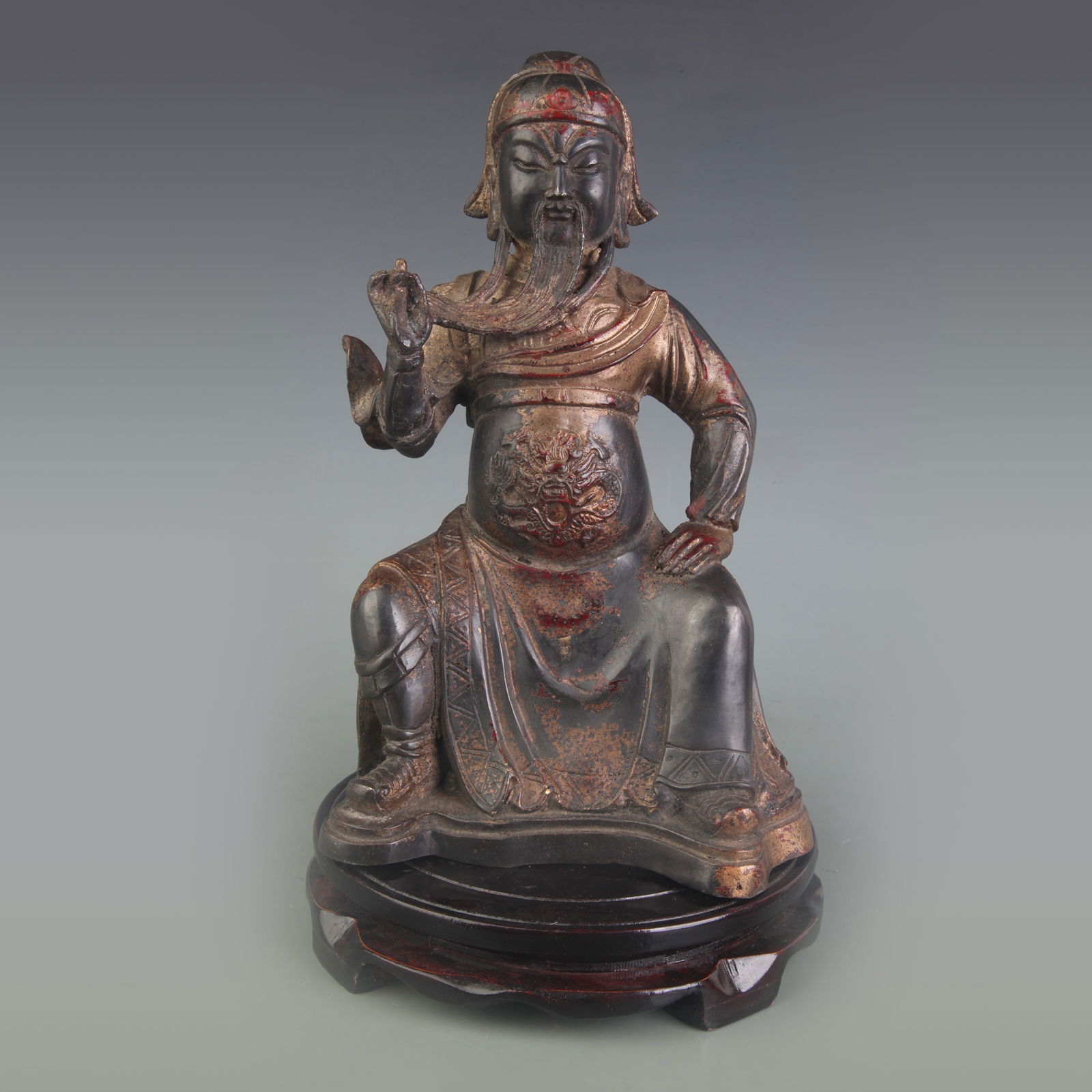BRONZE SEATED STATUE OF GUAN YU: Qing Dynasty; Width: 6.2 inch; High: 10.5 inch;