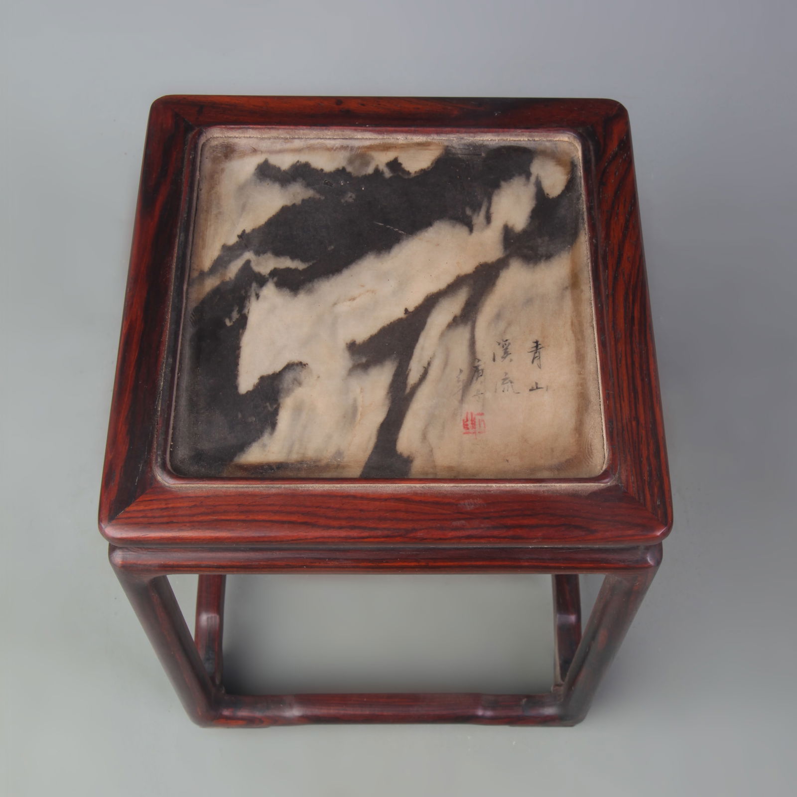 SMALL HUA LI WOOD INLAID MARBLE TALL SQUARE STAND: Qing Dynasty; Width: 6.6 inch; High: 8.6 inch