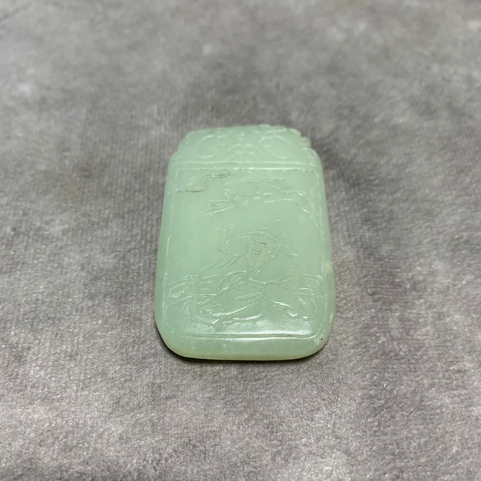 HETIAN WHITE JADE PLAQUE WITH FIGURE AND POEM DESIGN: Qing Dynasty; Long: 2.2 inch; Width: 1.4 inch; High: 0.3 inch;