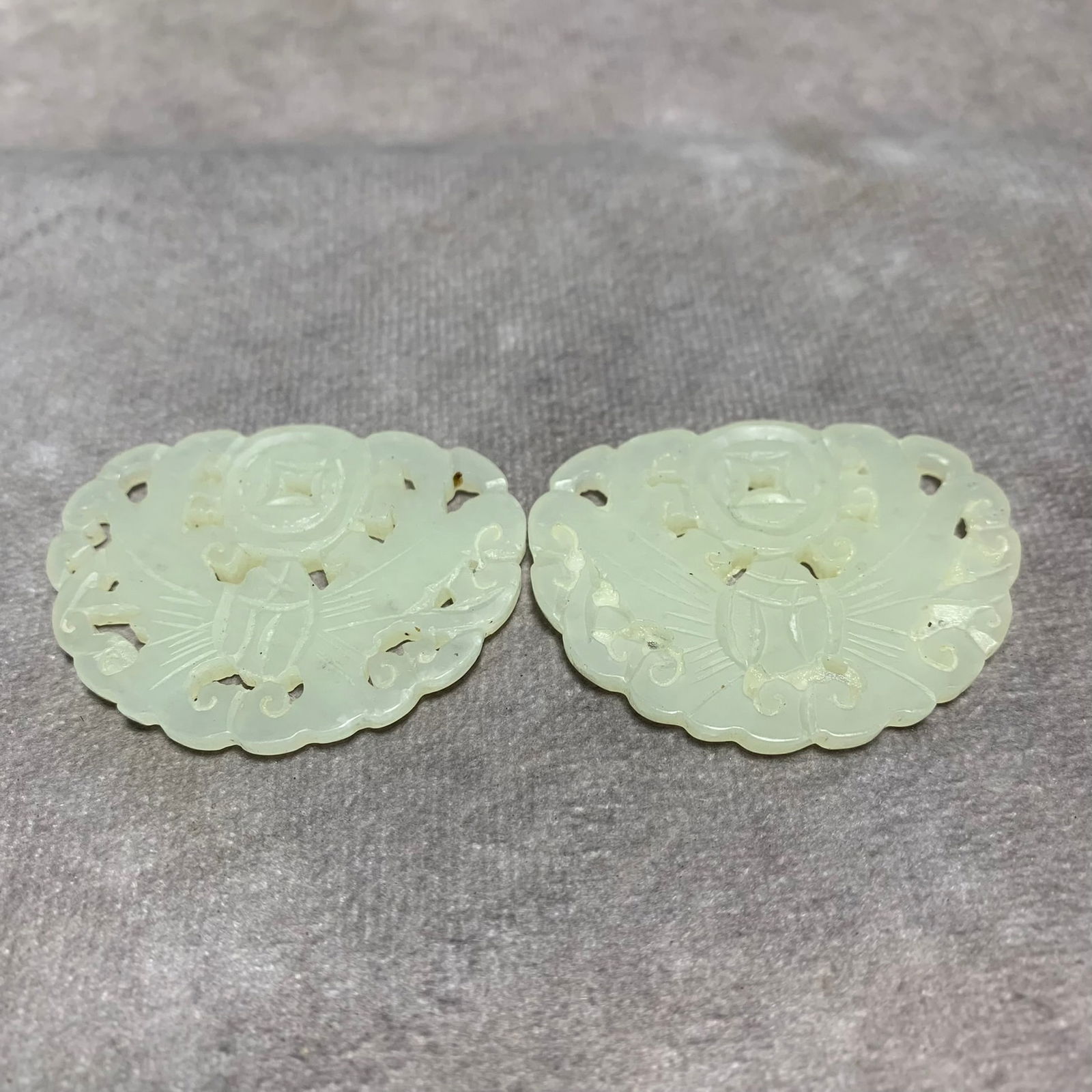 QING DYNASTY PAIR OF HETIAN WHITE JADE PENDANTS WITH "FORTUNE BEFORE YOUR EYES" DESIGN: Qing Dynasty; Long: 1.8 inch; Width: 1.4 inch; High: 0.1 inch;