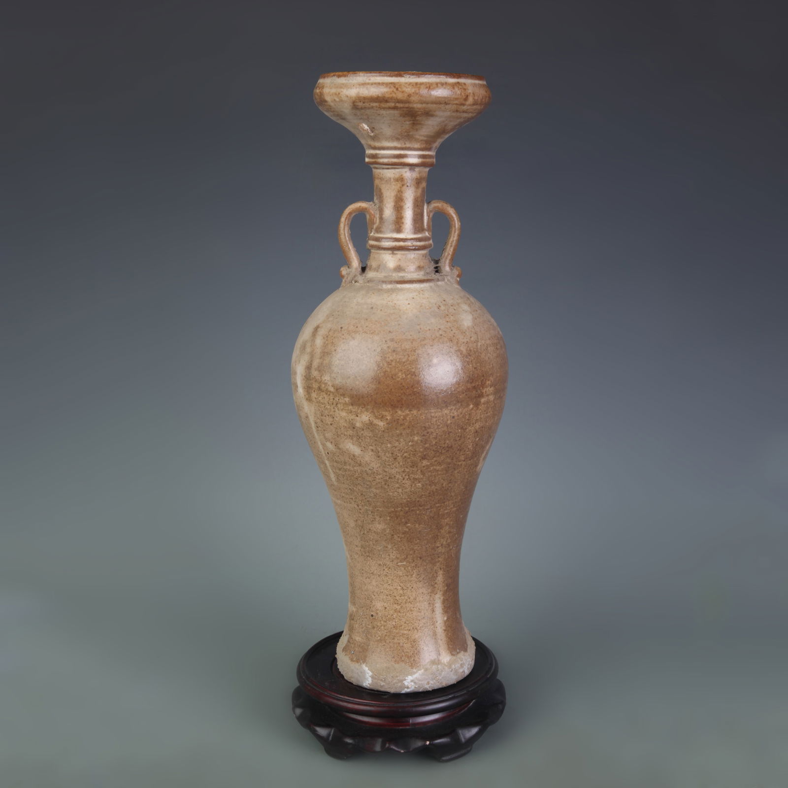 WHITE-GLAZED DOUBLE-LOOP MOUTH DISPLAY VASE: High: 13.5 inch; Diameter: 3.7 inch