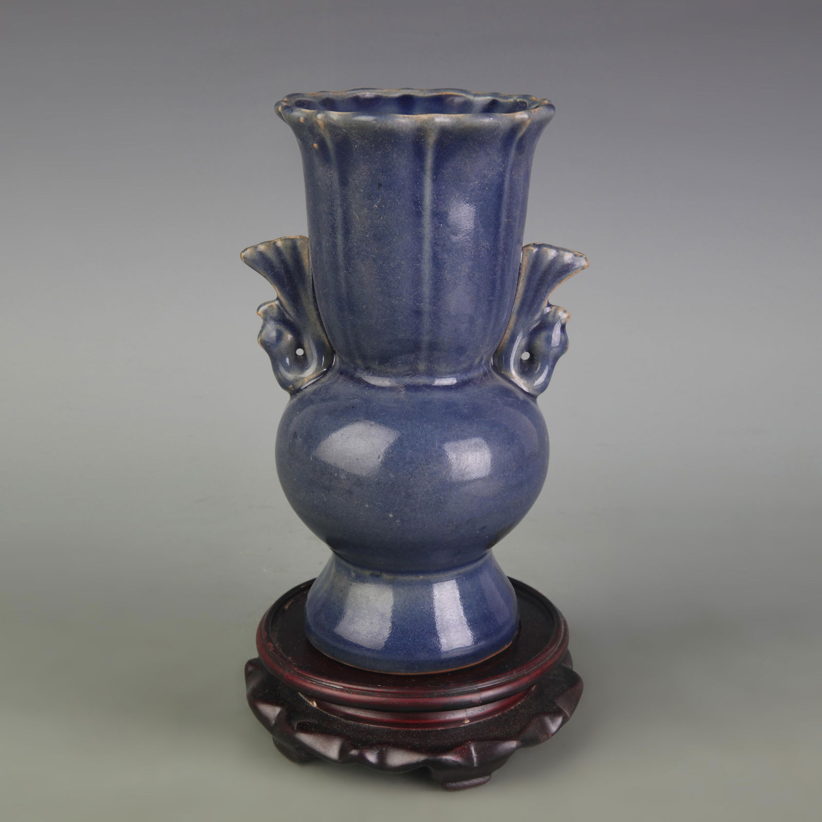BLUE GLAZED PHOENIX EAR FLOWER PORCELAIN VASE: Qing Dynasty; Diameter: 3.9 inch; High: 7.9 inch