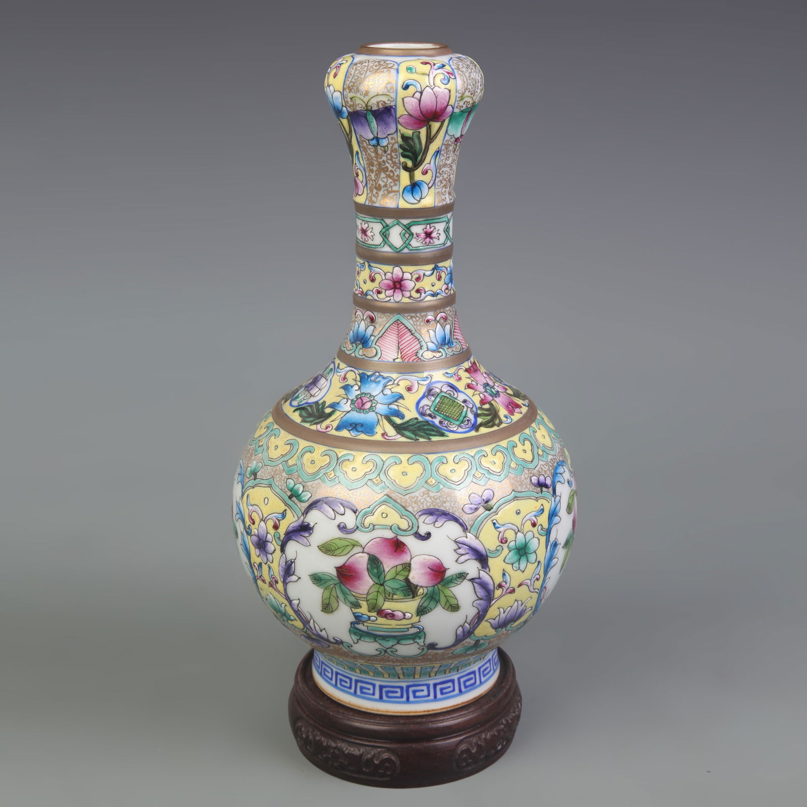 FAMILLE-ROSE ENAMEL GARLIC-SHAPED PORCELAIN VASE: Qing Dynasty Qian Long Period; High: 10.1 inch; Width: 5.4 inch