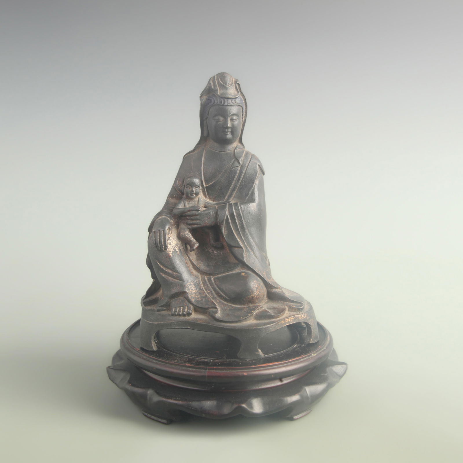 BRONZE SEATED CHILD-GIVING GUANYIN STATUE: 19th Century; High: 9.00 inch;Width: 4.50 inch; Long:6.00 inch
