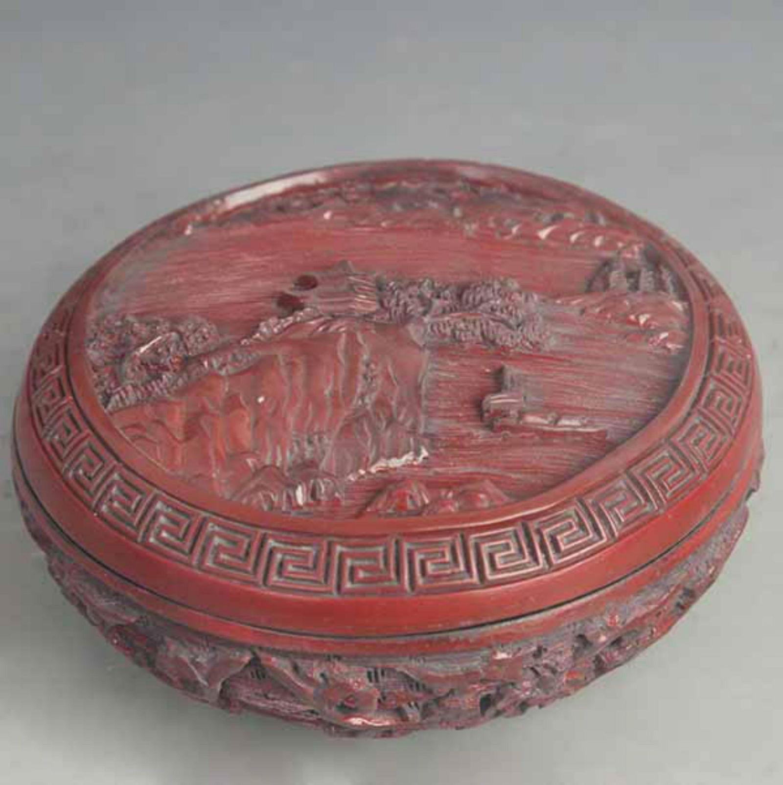 CARVED RED LACQUER INCENSE BOX WITH LANDSCAPE AND PAVILION DESIGN (1 of 4)