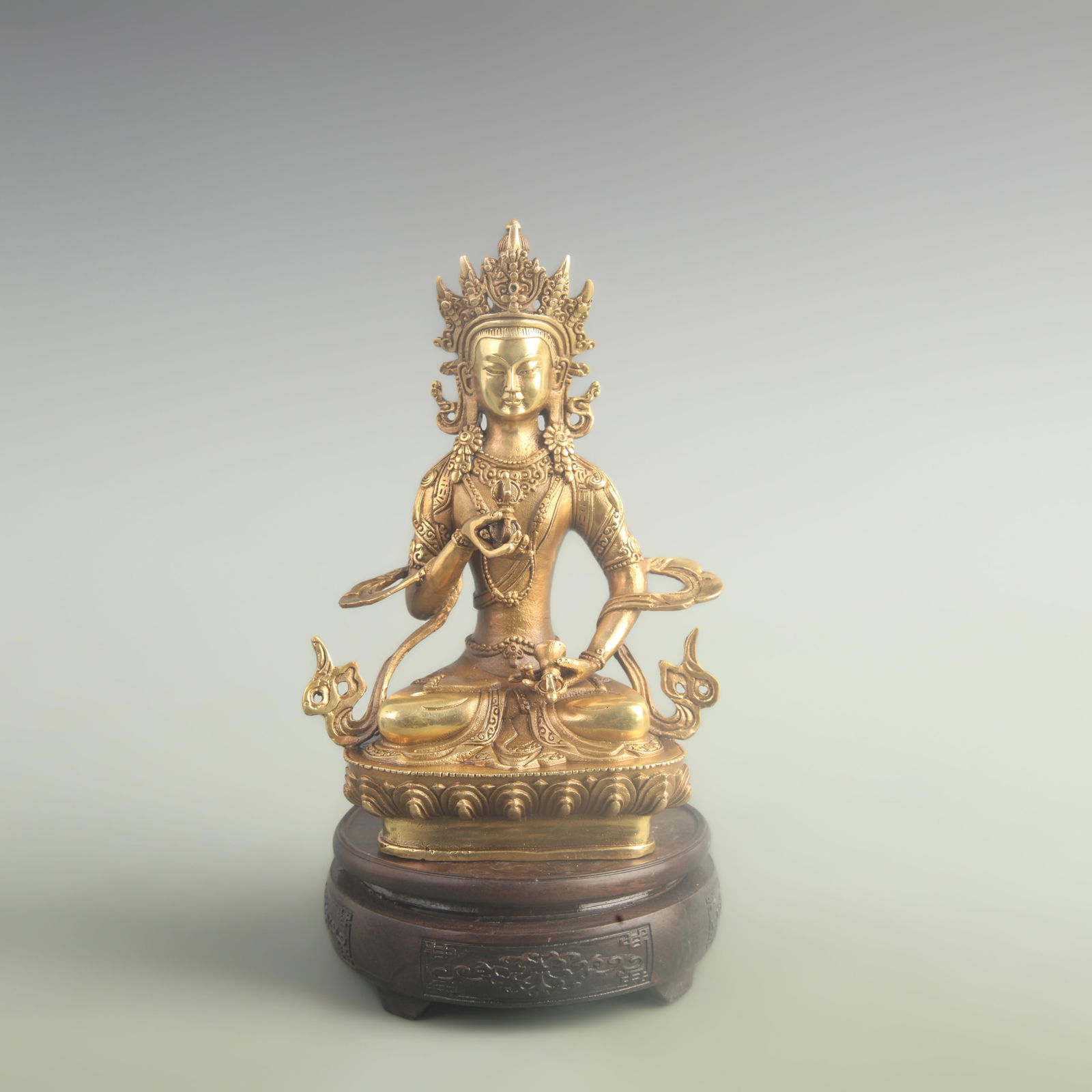 A FINE GILDED BRONZE VAJRASATTVA STATUE: 20th Century; High: 8.20 inch; Width: 2.20 inch; Long: 4.00 inch