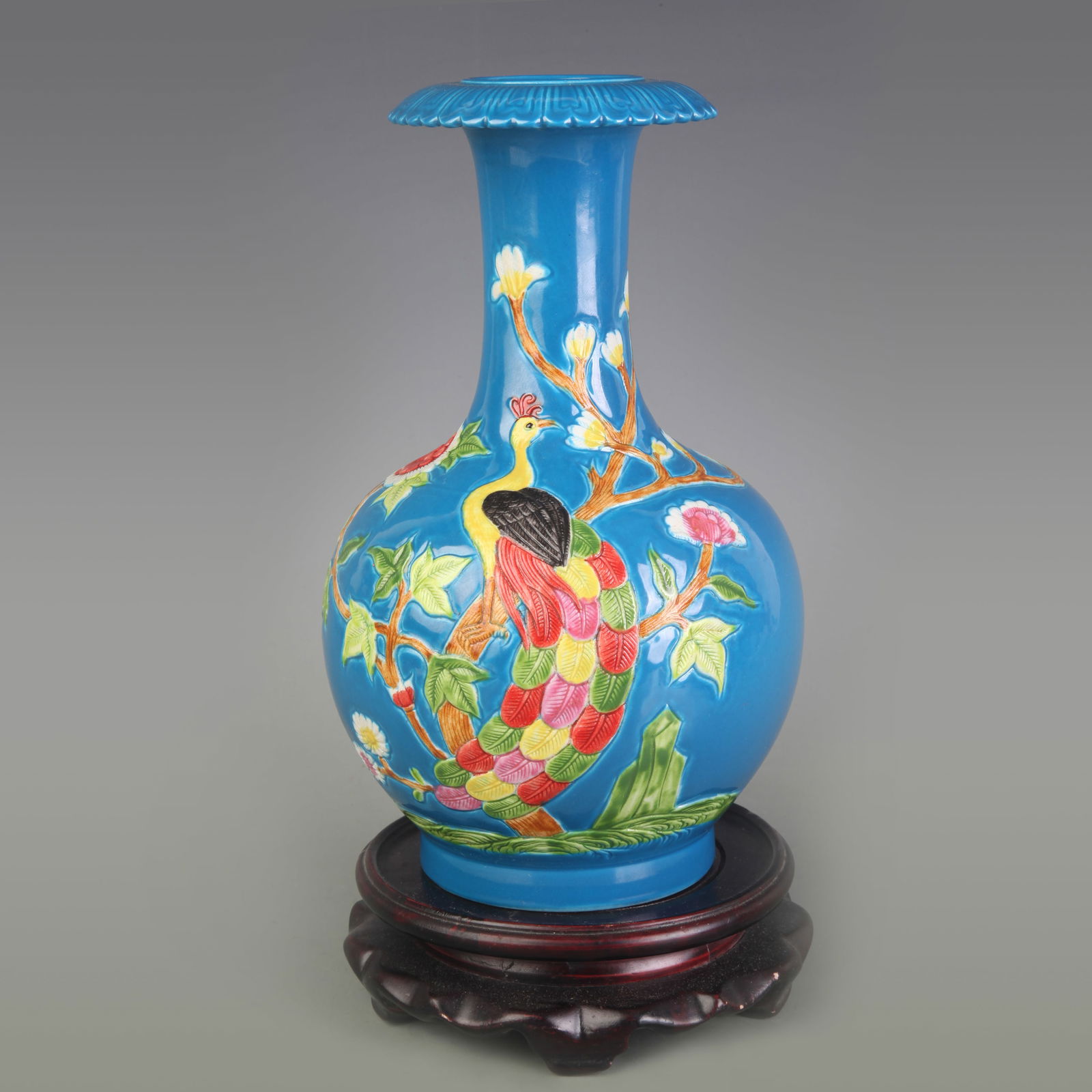 BLUE GLAZE CARVED FLORAL BIRD PATTERN PORCELAIN VASE (1 of 5)