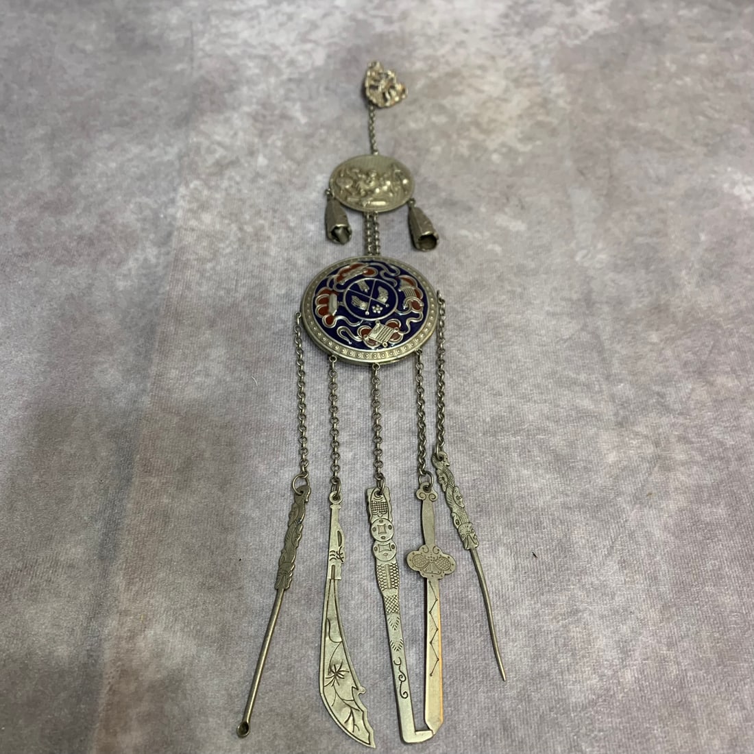 A FINE MAO YIN WHITE BRONZE AUSPICIOUS CHATELAINE PENDANT: Modern, Long: 13.0 inch