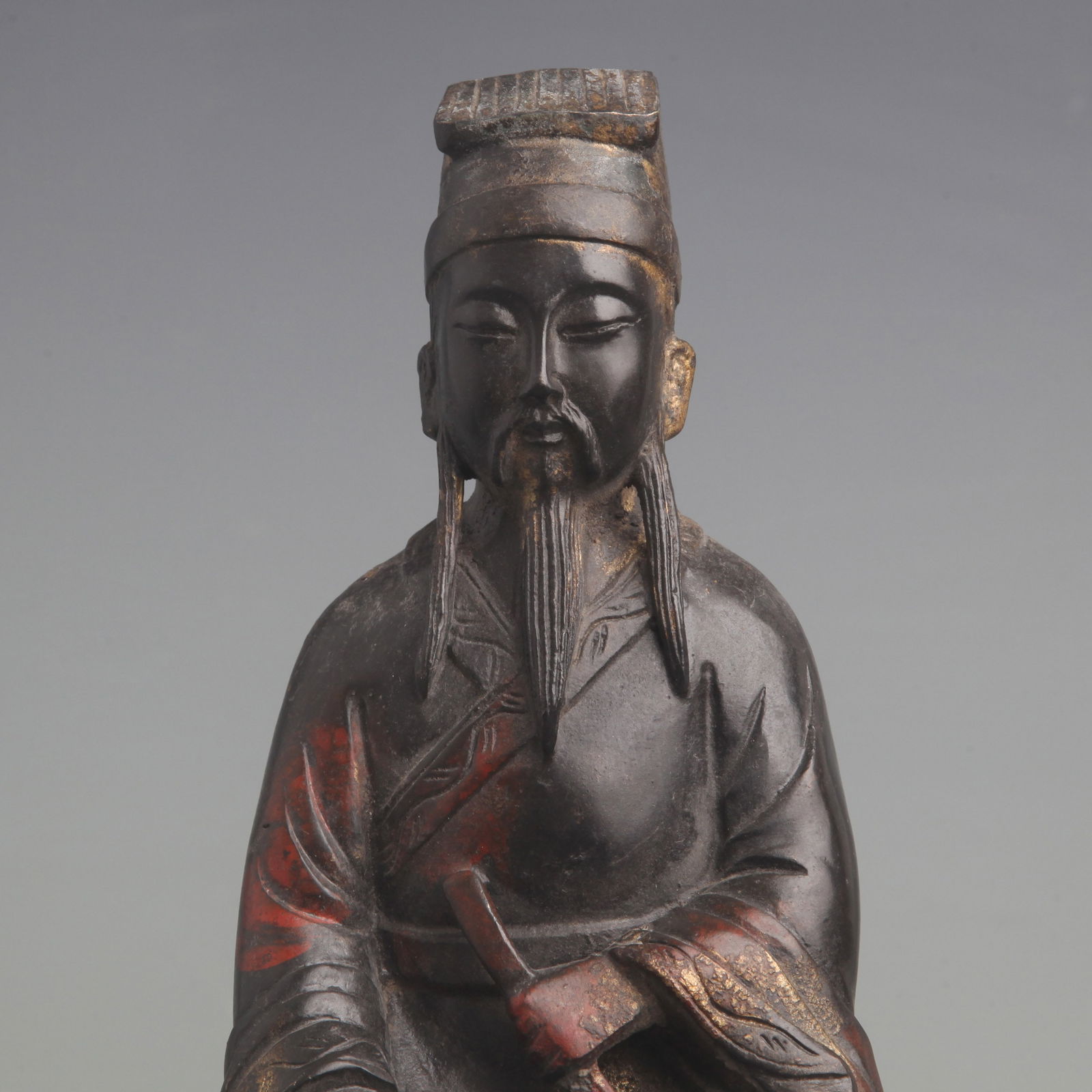 BRONZE GOD OF WEALTH (CIVIL OFFICIAL) STATUE: Qing Dynasty; High: 9.4 inch; Width: 4.6 inch