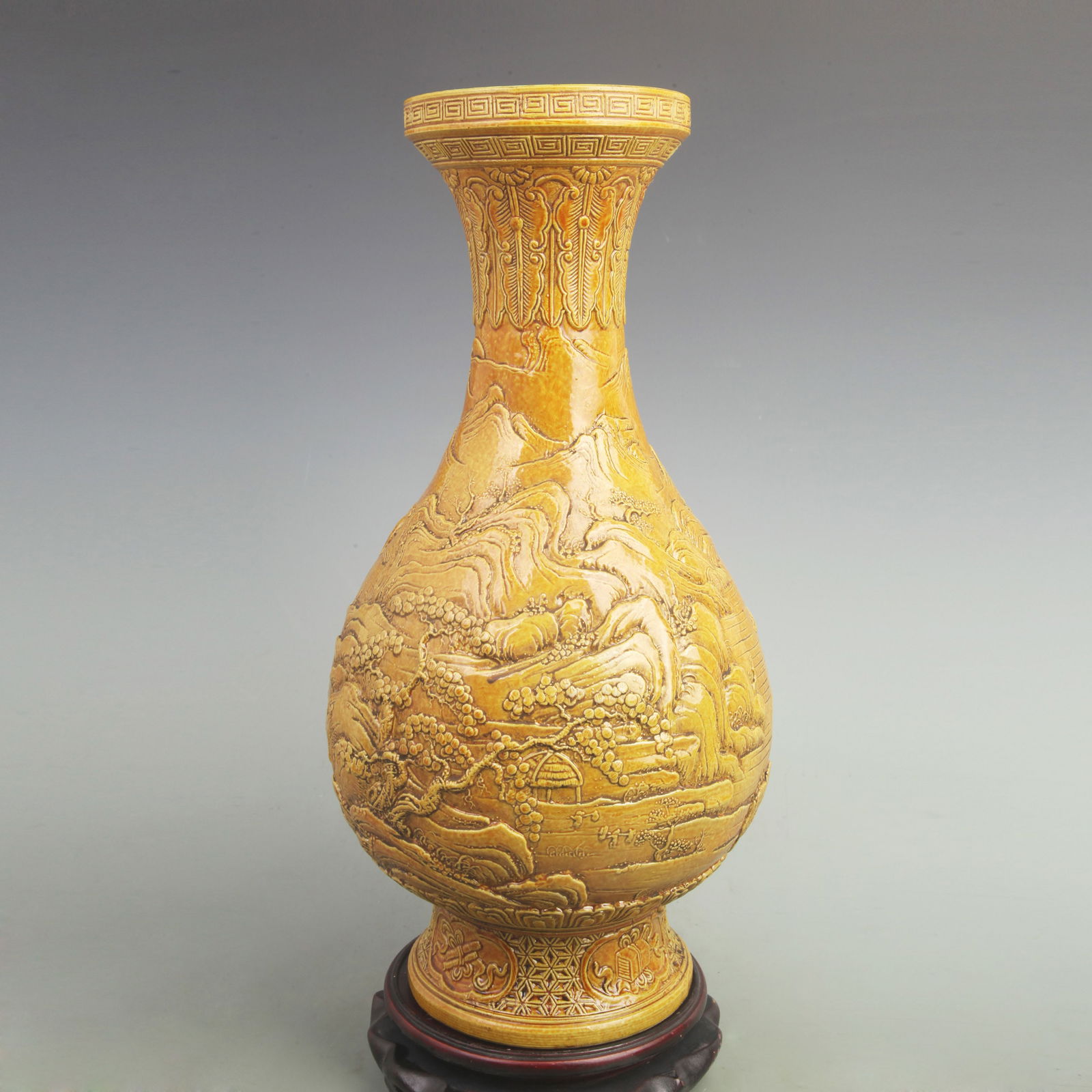 YELLOW GROUND CARVED LANDSCAPE PATTERN VASE - 2
