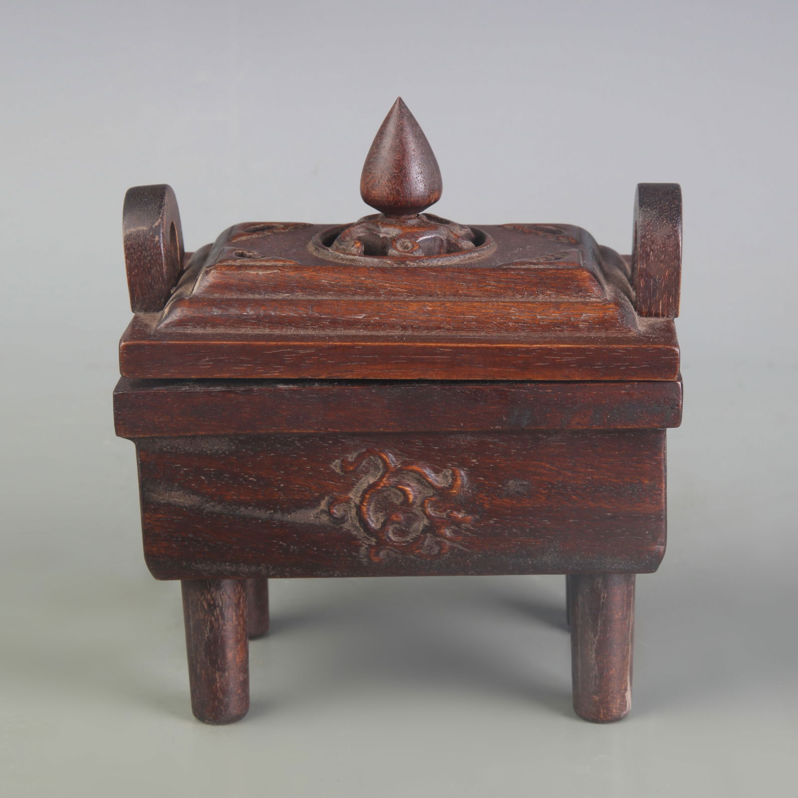A FINE HUA LI MU MADE WOODEN INCENSE BURNER: Republic Period; Long: 5.0 inch; Width: 3.5 inch; High: 5.7 inch
