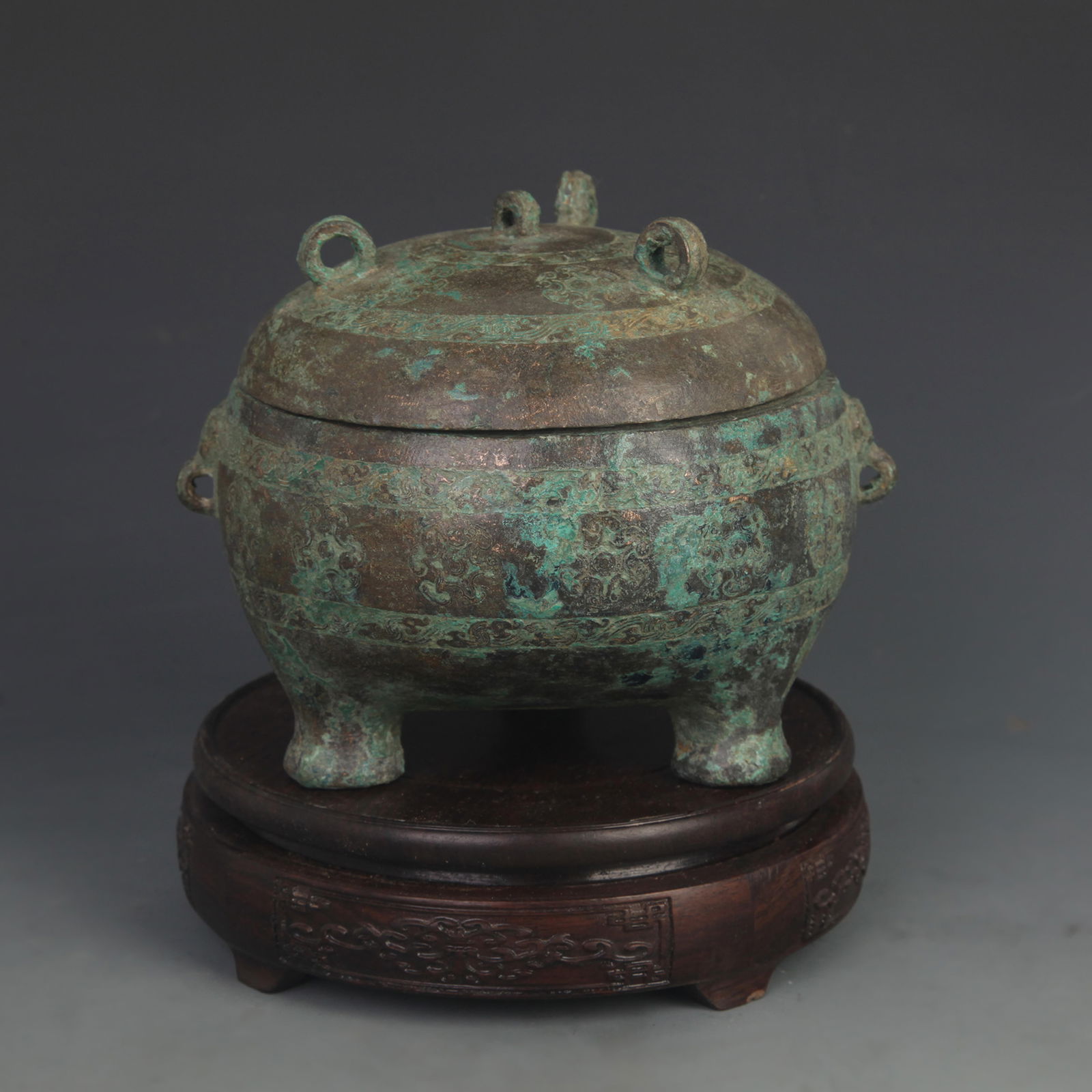 ARCHAISTIC BRONZE TRIPOD WITH DRAGON-MEDALLION RING HANDLES: Song Dynasty Style; High: 5.25 inch; Diameter: 4.75 inch