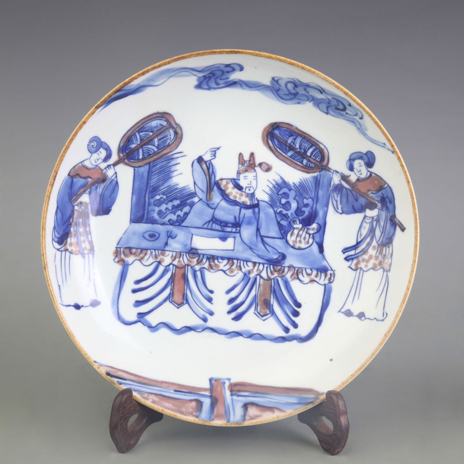 BLUE AND WHITE UNDERGLAZE RED CHARACTER PATTERN PORCELAIN PLATE: Qing Dynasty Kang Xi Period; Diameter: 8.8 inch