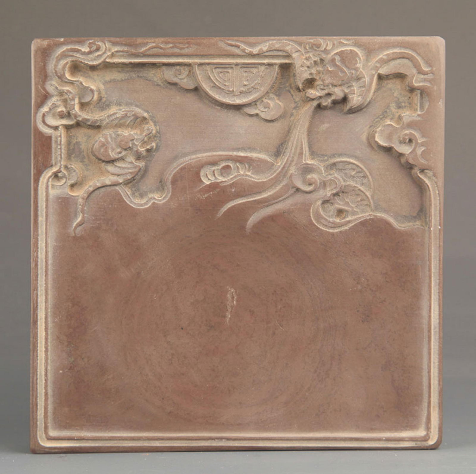 A FINE BAT AND DRAGON CARVING STONE INK: Qing Dynasty; Long: 6.25 inch High: 6.25 inch