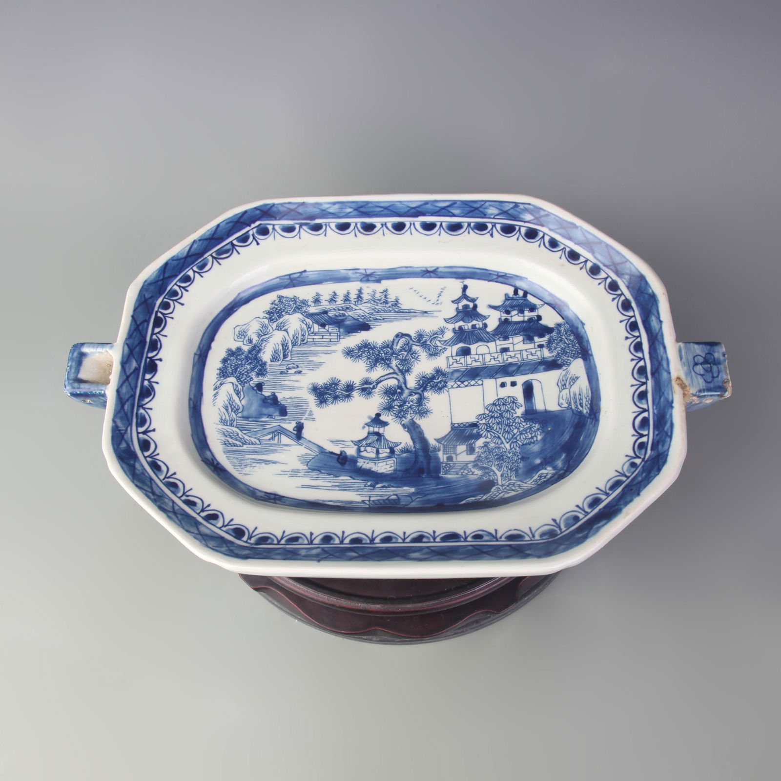 BLUE AND WHITE HOT WATER DISH WITH LANDSCAPE AND FIGURE MOTIFS: Qing Dynasty; Long: 15.1 inch; High:2.5 inch
