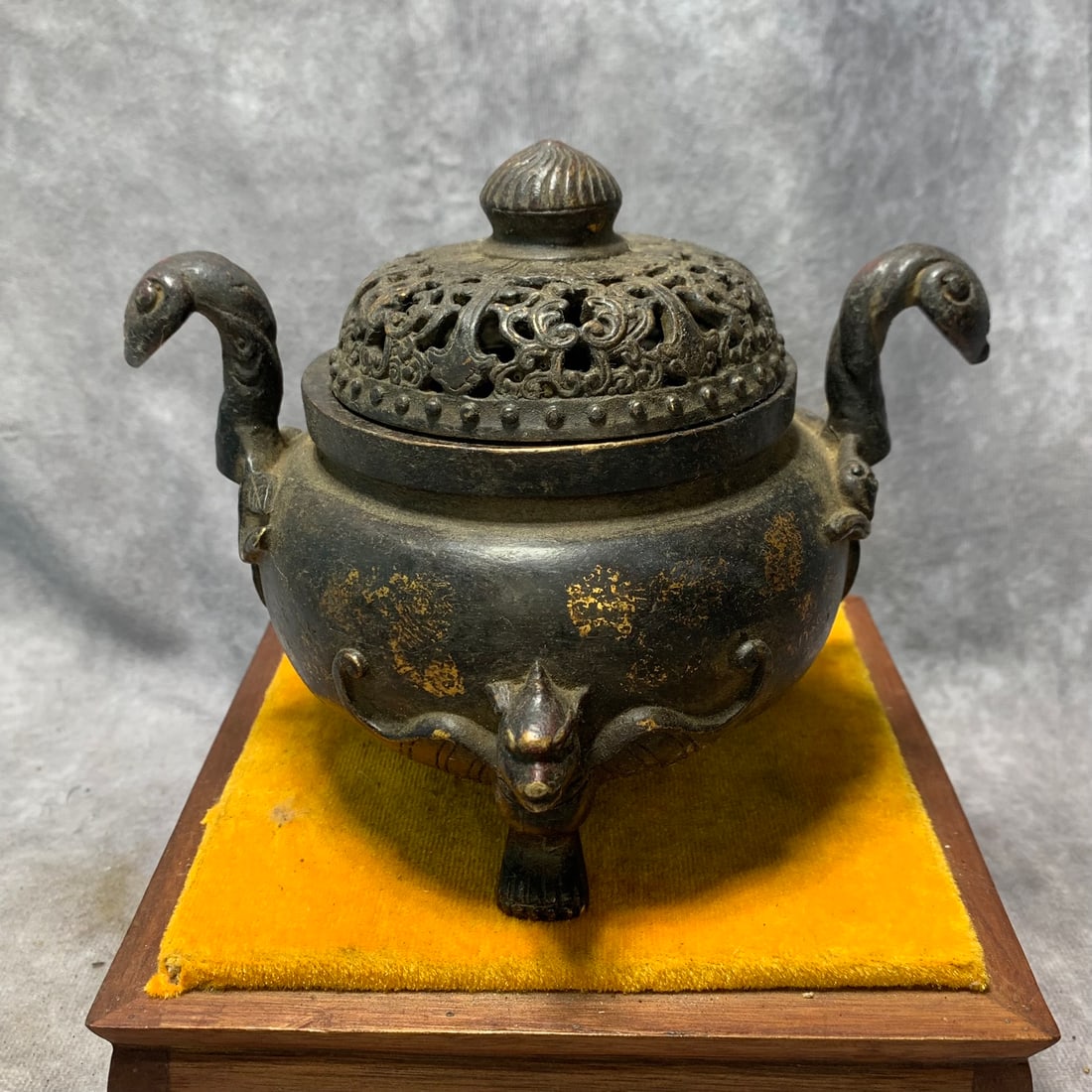 GILT BRONZE SNAKE-HANDLE BEAST-DECORATED THREE-LEGGED INCENSE BURNER: Ming Dynasty Style; HigHigh: 5.5 inch; Diameter; 6.5 inch