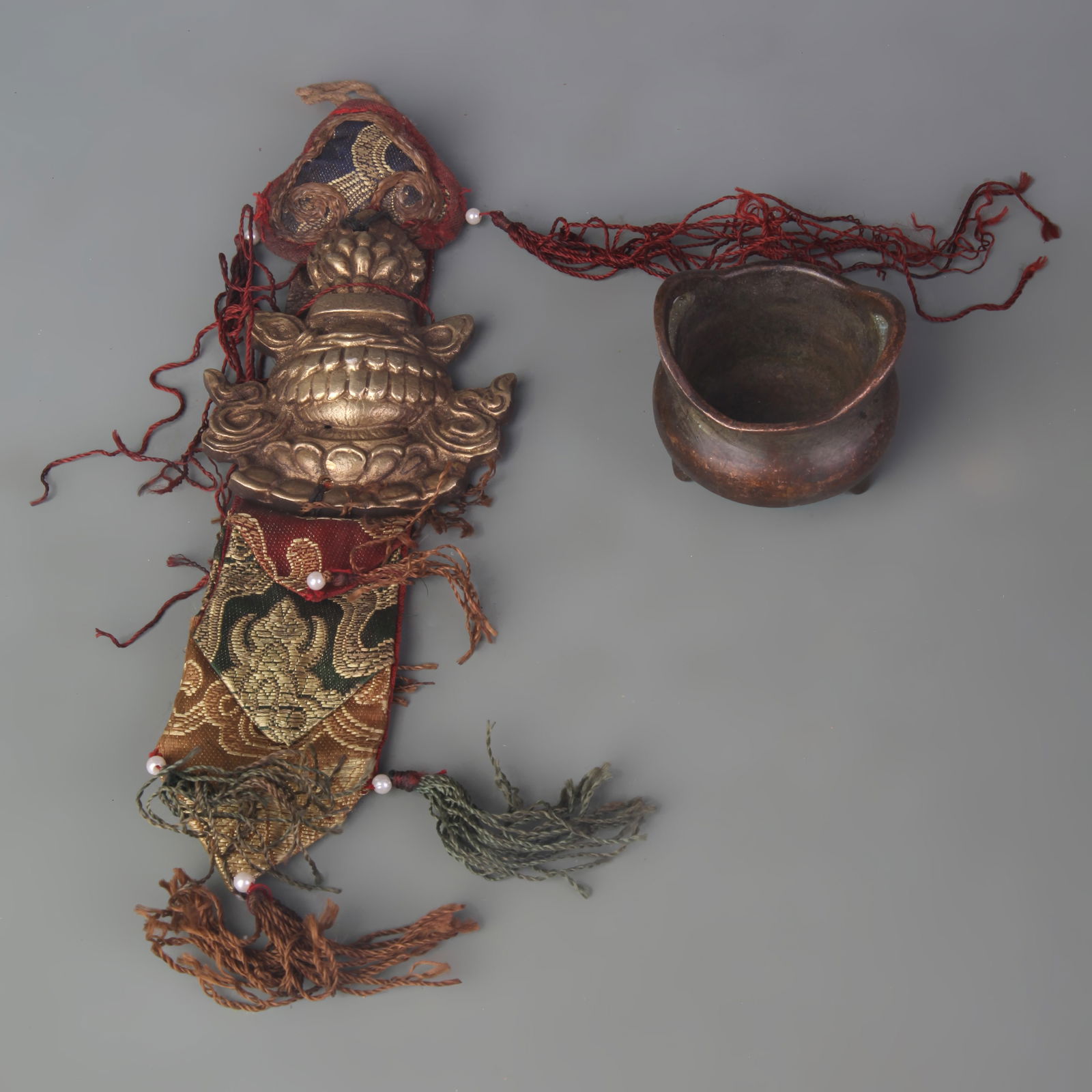 TIBETAN BUDDHIST RITUAL IMPLEMENTS AND SMALL CENSER SET: Qing Dynasty; High: 1.8 inch; Long: 8.4 inch