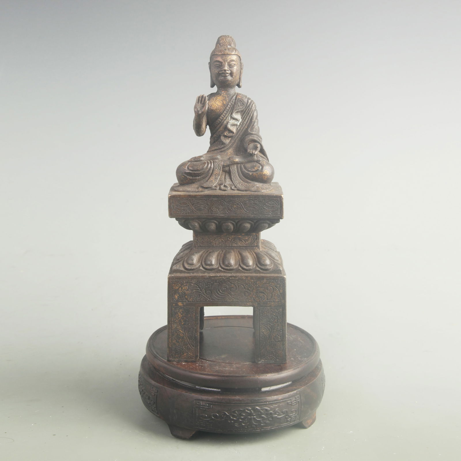GILT-BRONZE SHAKYAMUNI STATUE: 19th Century; High: 9.10 inch; Width: 3.20 inch